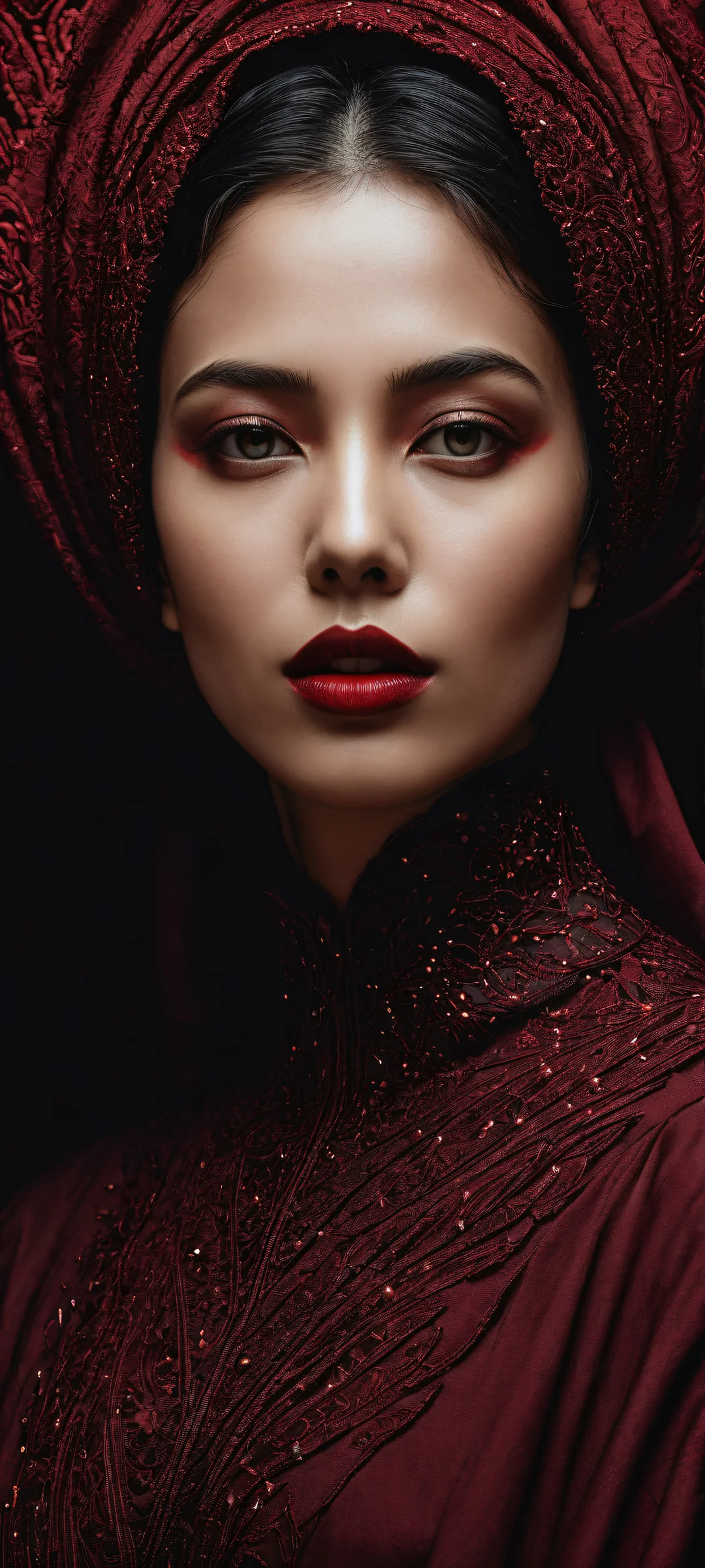 Elegance in Pixelation 2K QHD Home Screen Award-winning digital art of pixelated artifacts on a dark maroon background for iPhone/Android home screens.