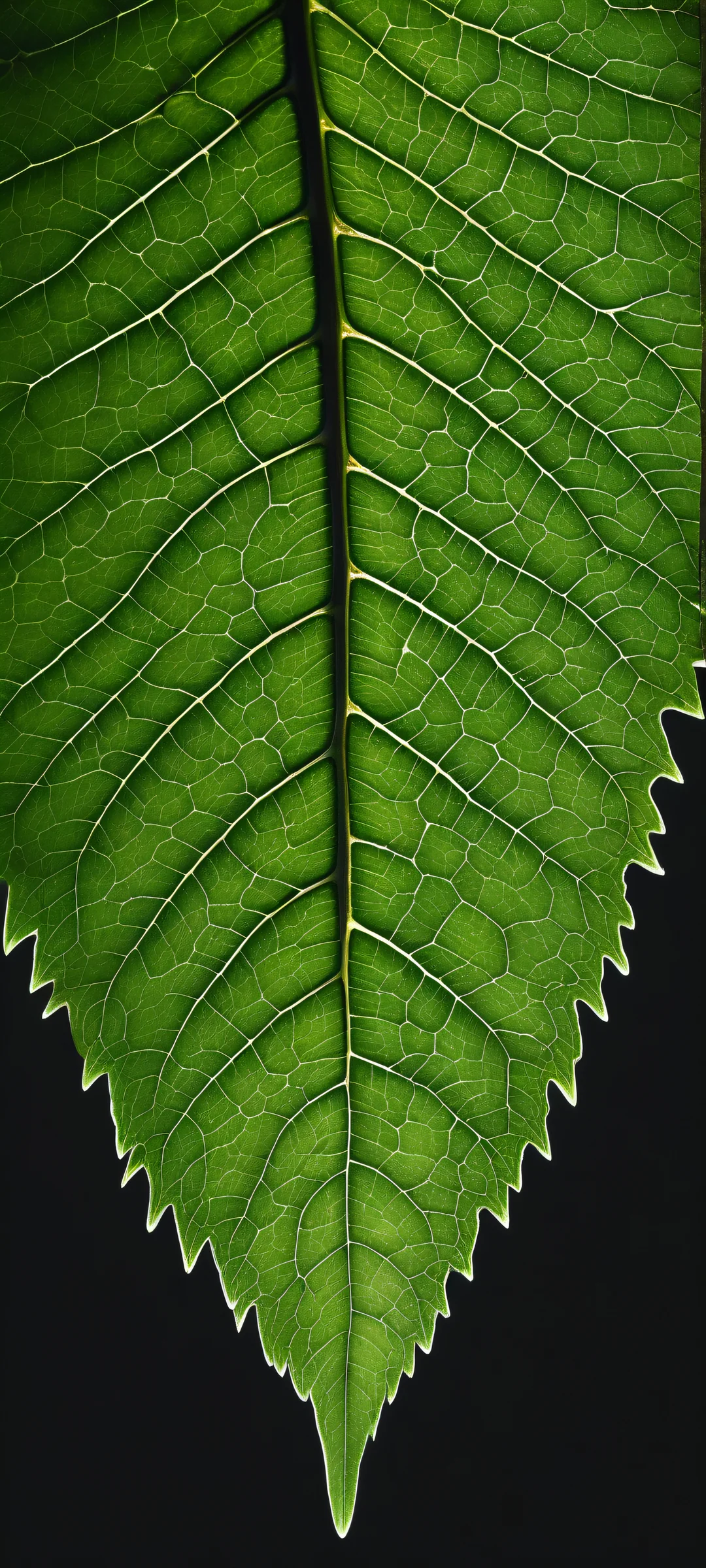 A delicate leaf on a serene background, perfekt für iPhone/Android-Startbildschirme. Beautiful digital art with intricate details and stunning contrast.