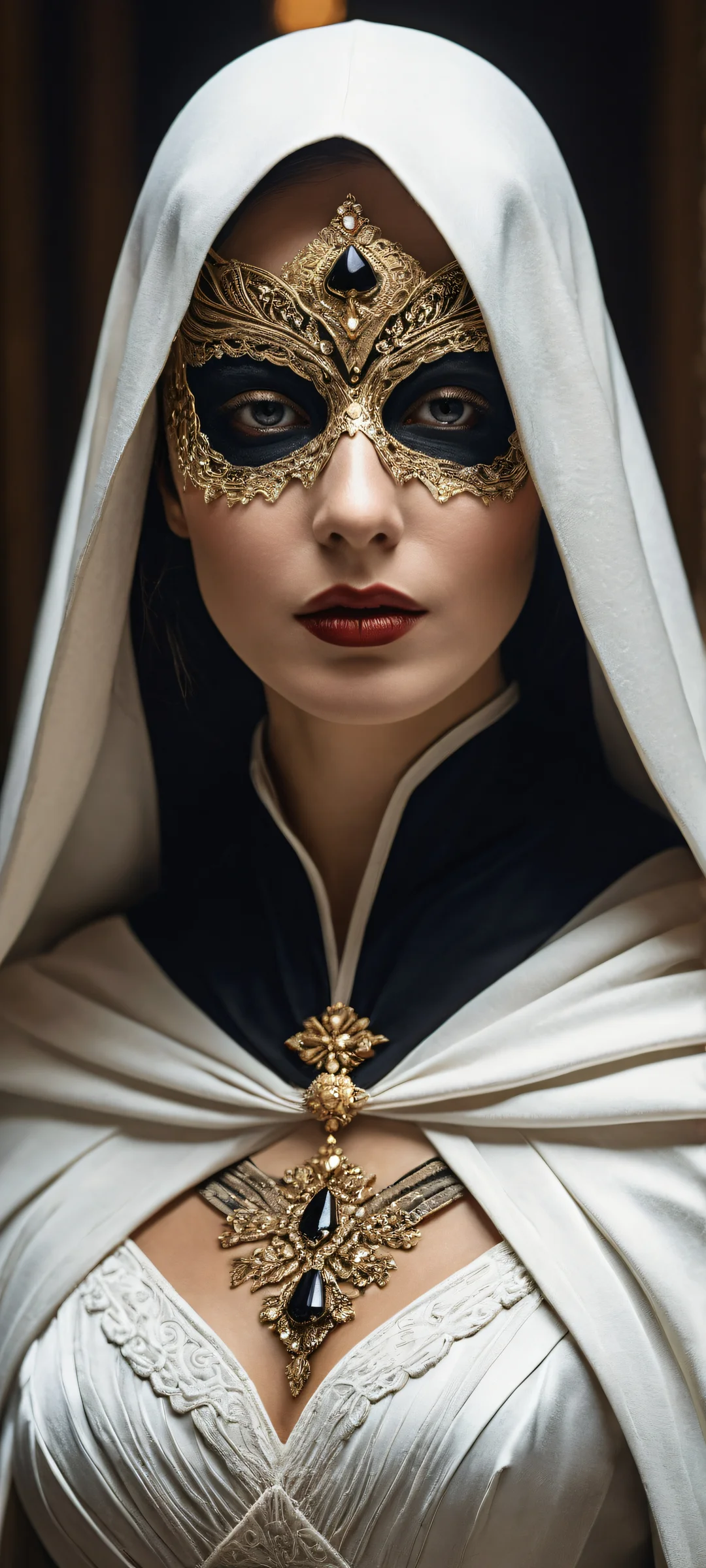 A stunning portrait of a masked hero on iPhone/Android, with intricate cape details and a vast void background.