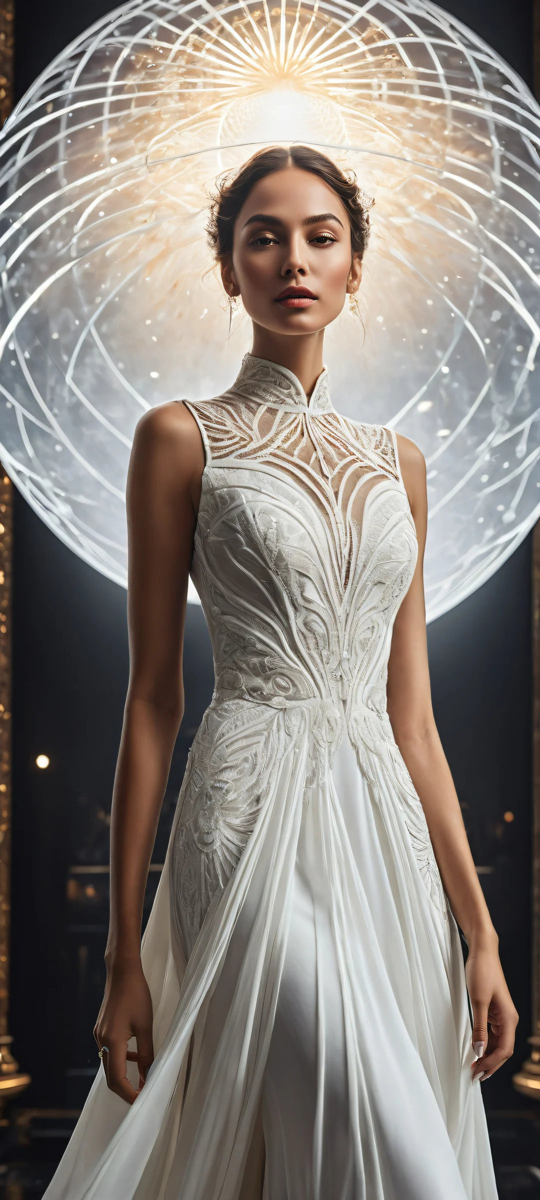 A luxurious woman in an all-white dress, with planetary head sphere and natural weather phenomena, perfectly optimized for iPhone/Android home screens.