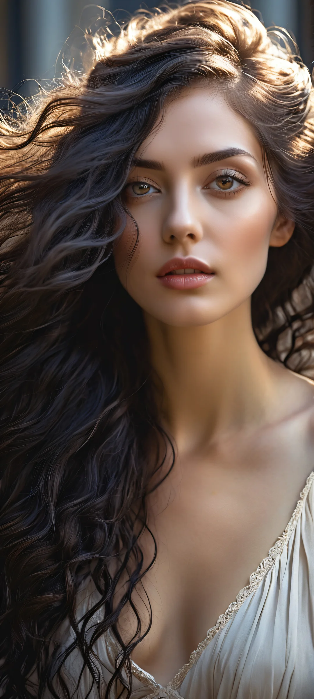 A majestic woman with long hair in a stunning vertical portrait artwork. Parfaitement optimisé pour iPhone, SamsungGalaxy, et écrans d'accueil Android.