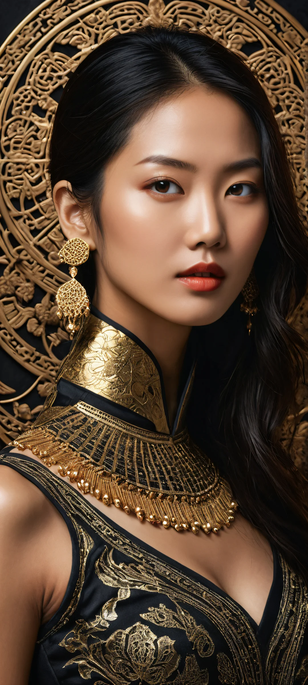 A stunning vertical portrait artwork of an Asian woman with intricate micro-details and insane depth of field, perfect for showcasing her delicate features on your iPhone/Android.
