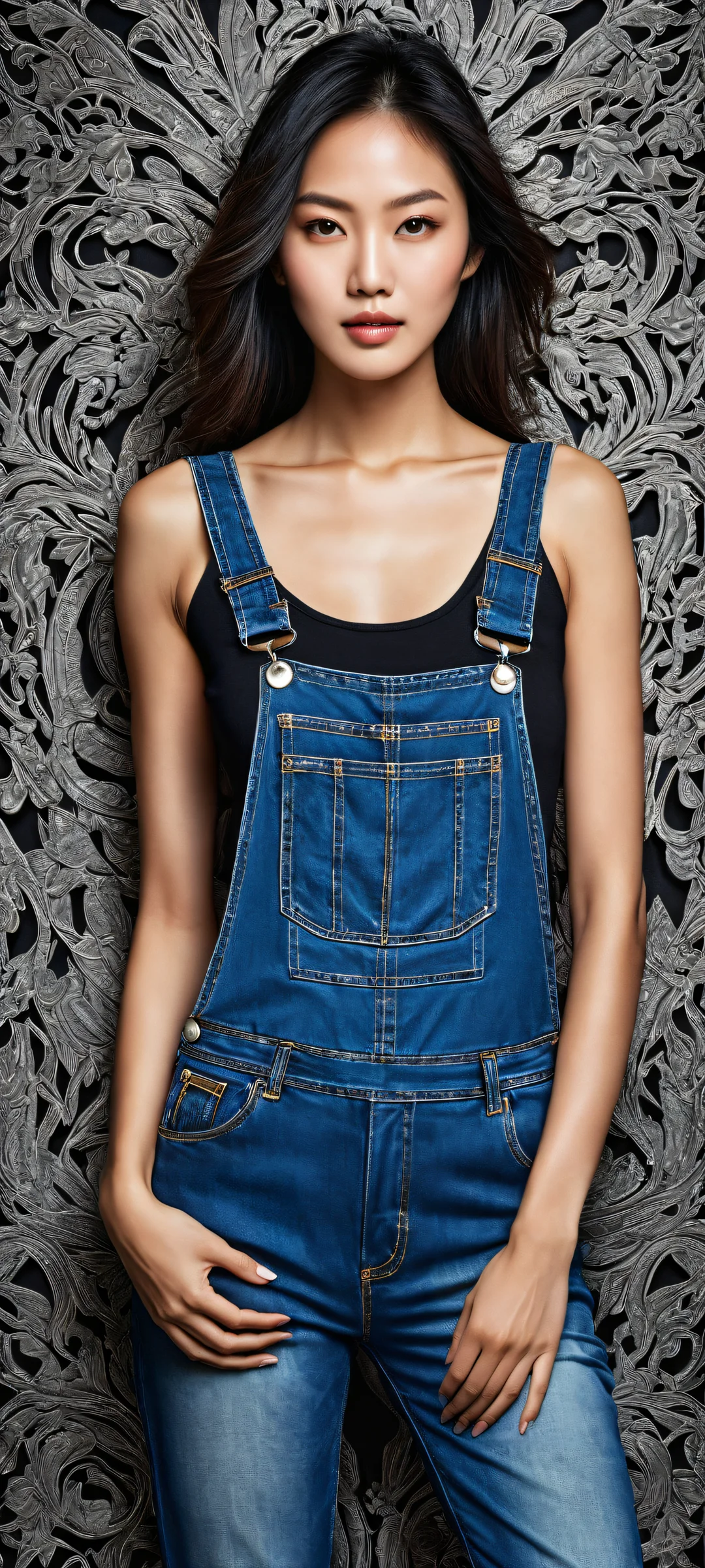 A stunning Asian woman on a vertical background with intricate details and radiant lighting, perfectly optimized for iPhone/Android home screens.