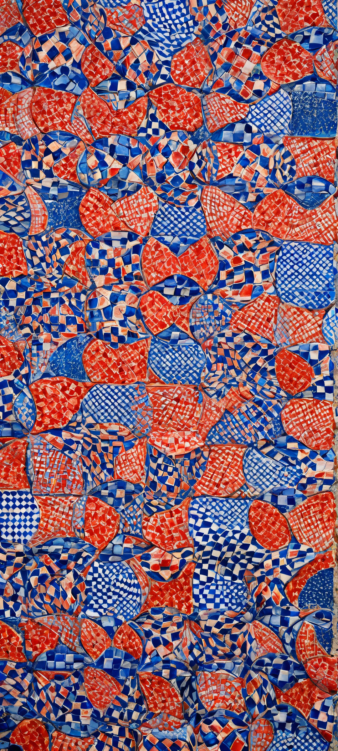 Elegant Chaos Aesthetic Phone WallpaperiPhone/Androidのホーム画面に最適 Breathtaking digital artwork of overlapping red and blue checkered plates on a dark background, perfect for iPhone/Android home screens.