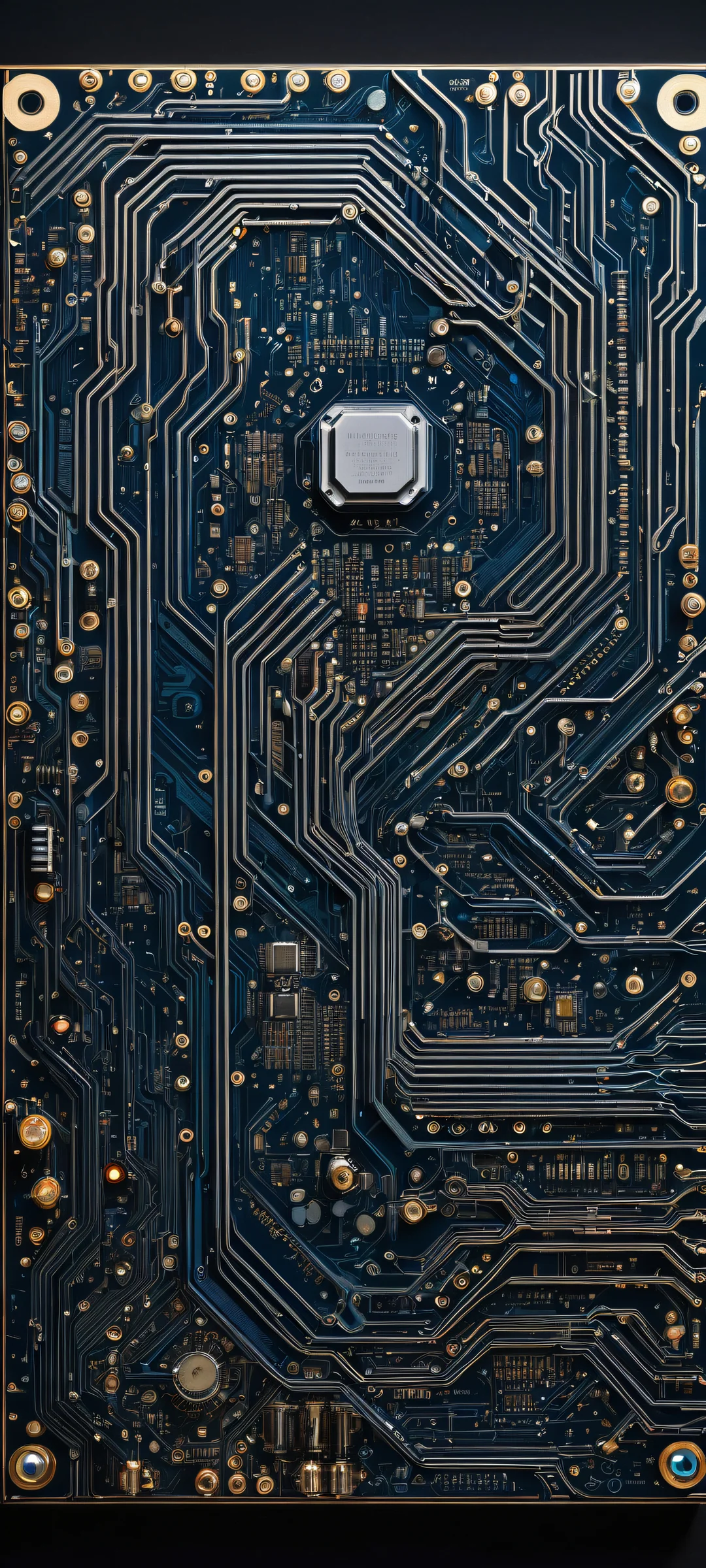 iPhone and Android users will love this breathtaking circuit board artwork featuring intricate details and glowing components against a deep black backdrop, perfect for dark mode.
