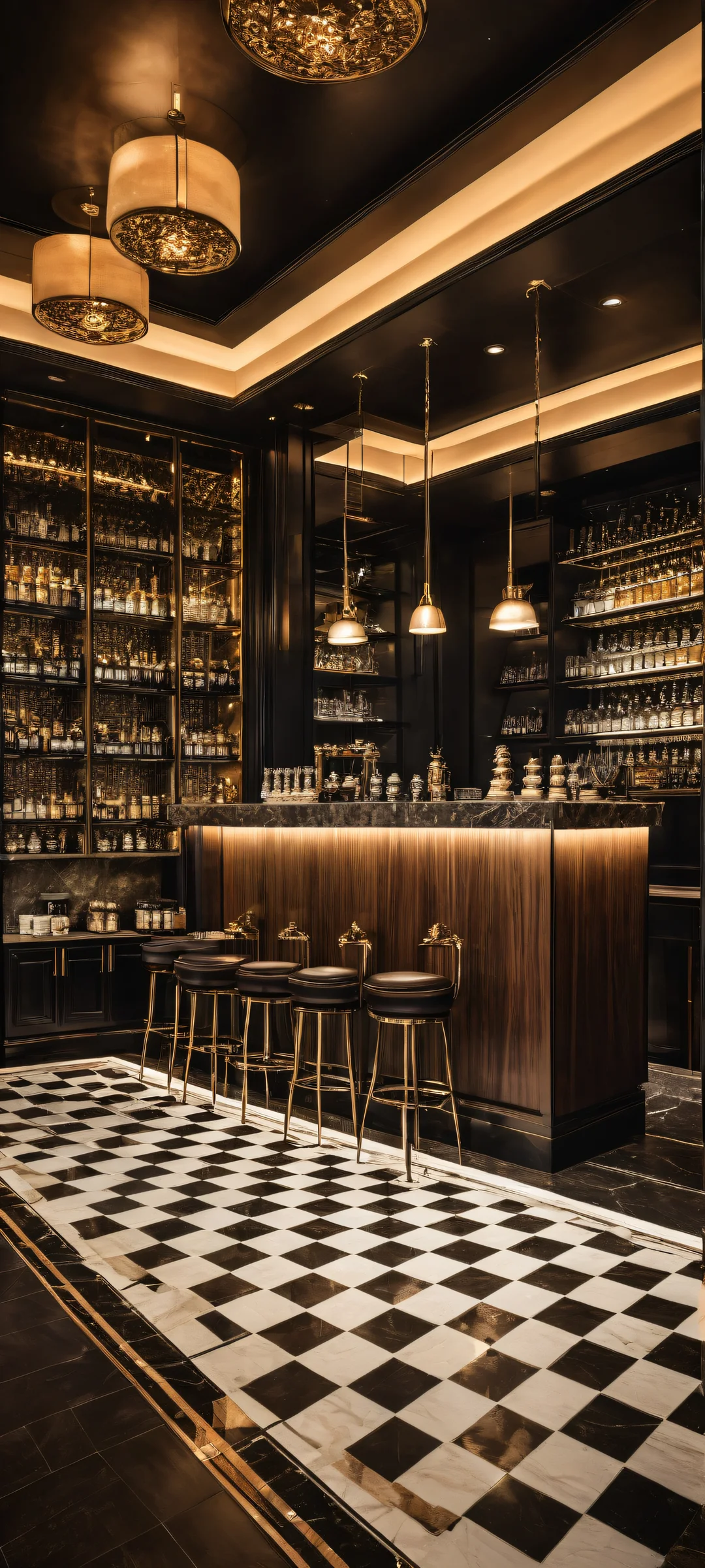 A serene iPhone/Android wallpaper featuring a stunning coffee bar with intricate details, perfectly clean and smooth top half for UI, and an award-winning digital art masterpiece.