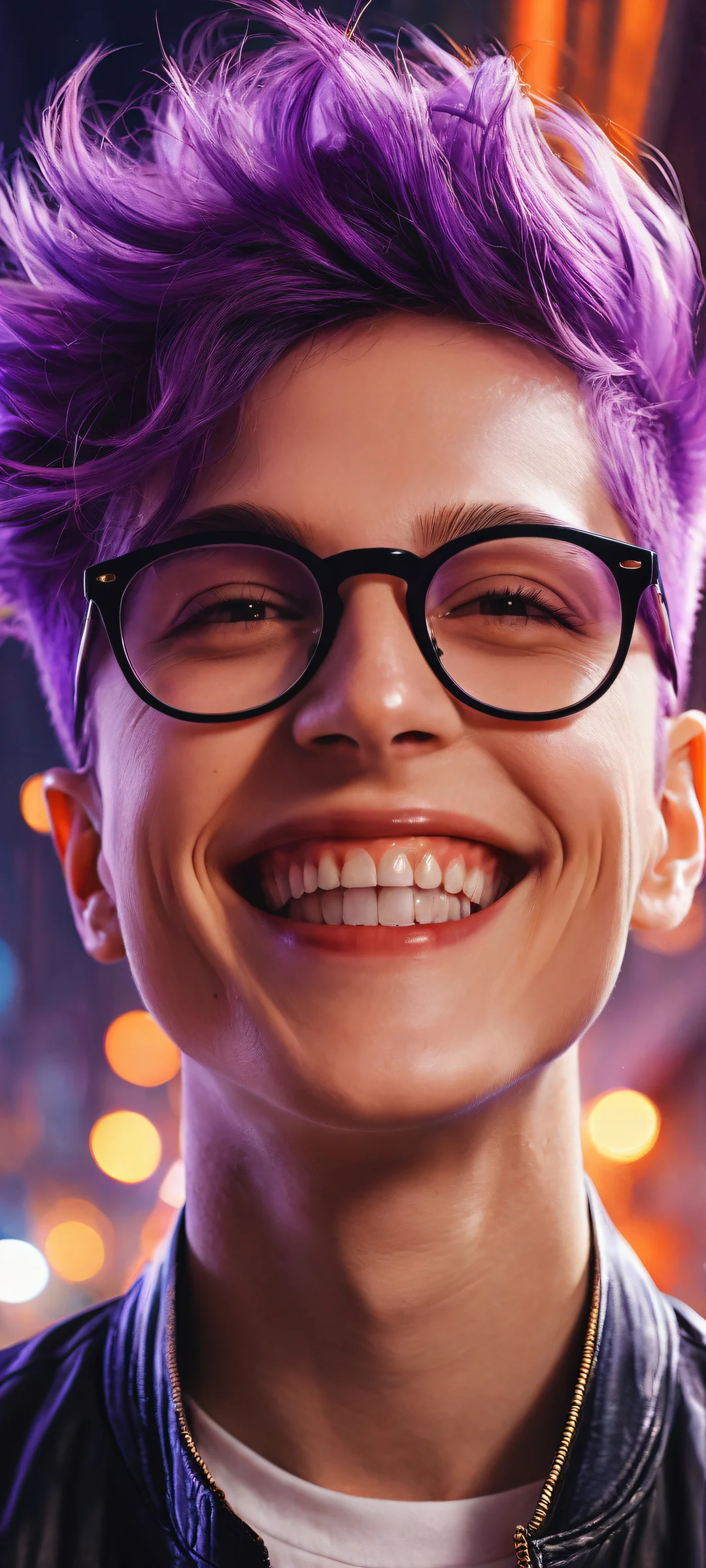 A smiling protagonist with intricate purple hair and round glasses stands out against a clean and empty top half, perfectly optimized for iPhone/Android home screens.