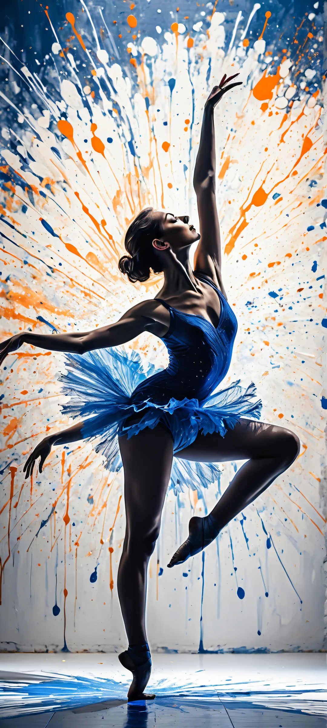 A beautiful dancer in motion on a clean dark mode background with iPhone/Android