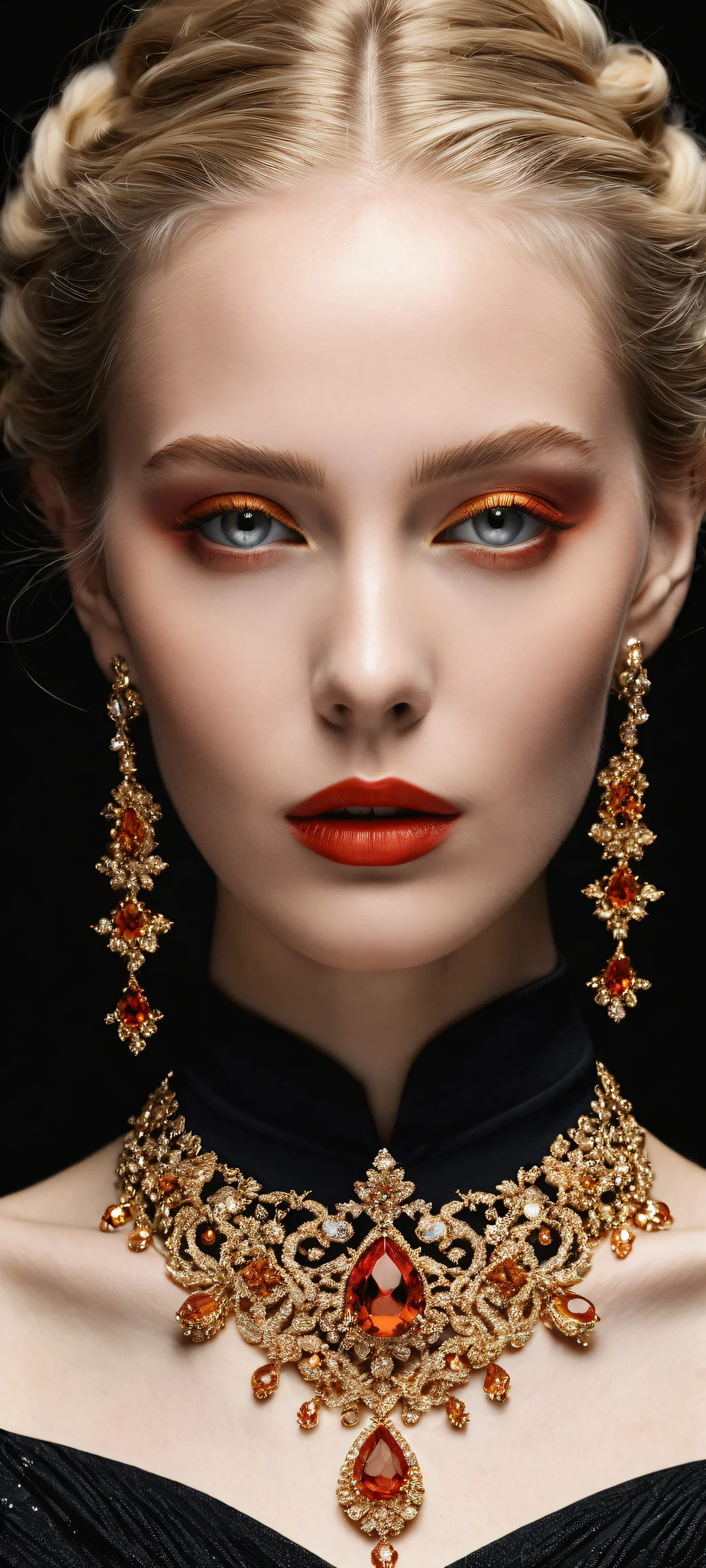 A captivating blonde-haired girl with intricate jewelry details and stunning digital art on a sleek dark mode background, perfecto para pantallas de inicio de iPhone/Android.