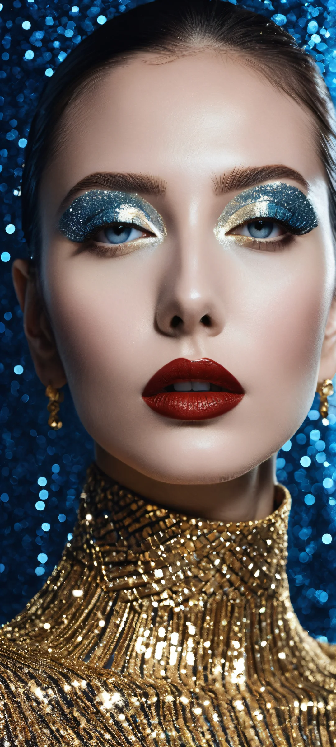 A woman with gold mascara and lipstick on a dark background with blue glitter sparkle. Perfect for iPhone/Android.