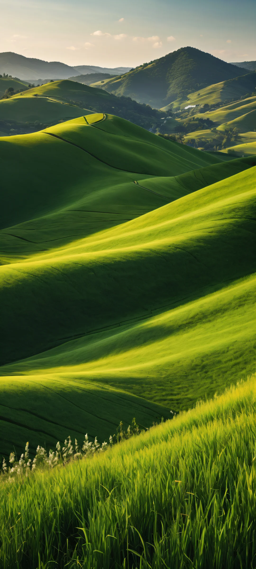 iPhone/Android background featuring breathtaking hills with intricate plant details and a scenic countryside landscape.