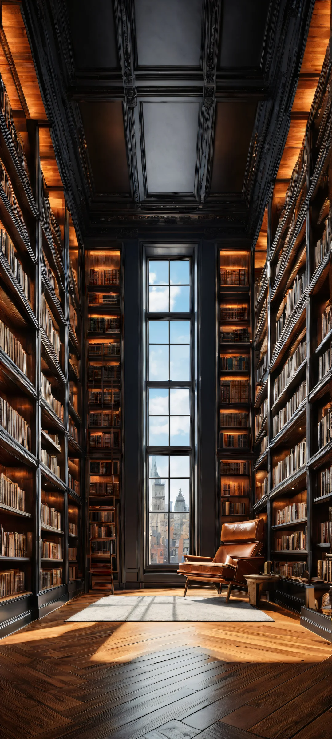 Breathtaking digital artwork of a library setting with wooden bookshelves and floor-to-ceiling windows leading to a stunning 8K resolution sky, perfekt optimiert für iPhone/Android-Startbildschirme.