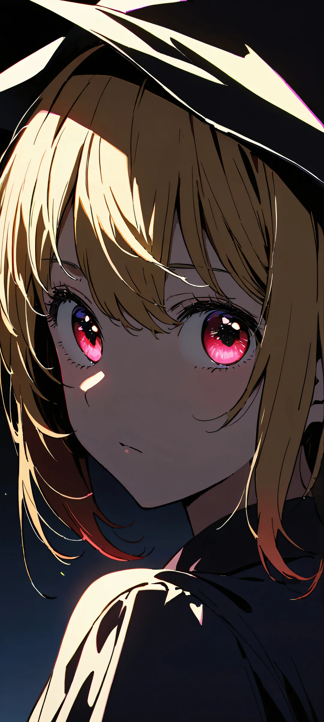 Beautiful anime-inspired portrait of Kana Arima looking directly at the viewer on a black background, perfectly optimized for iPhone and Android devices.