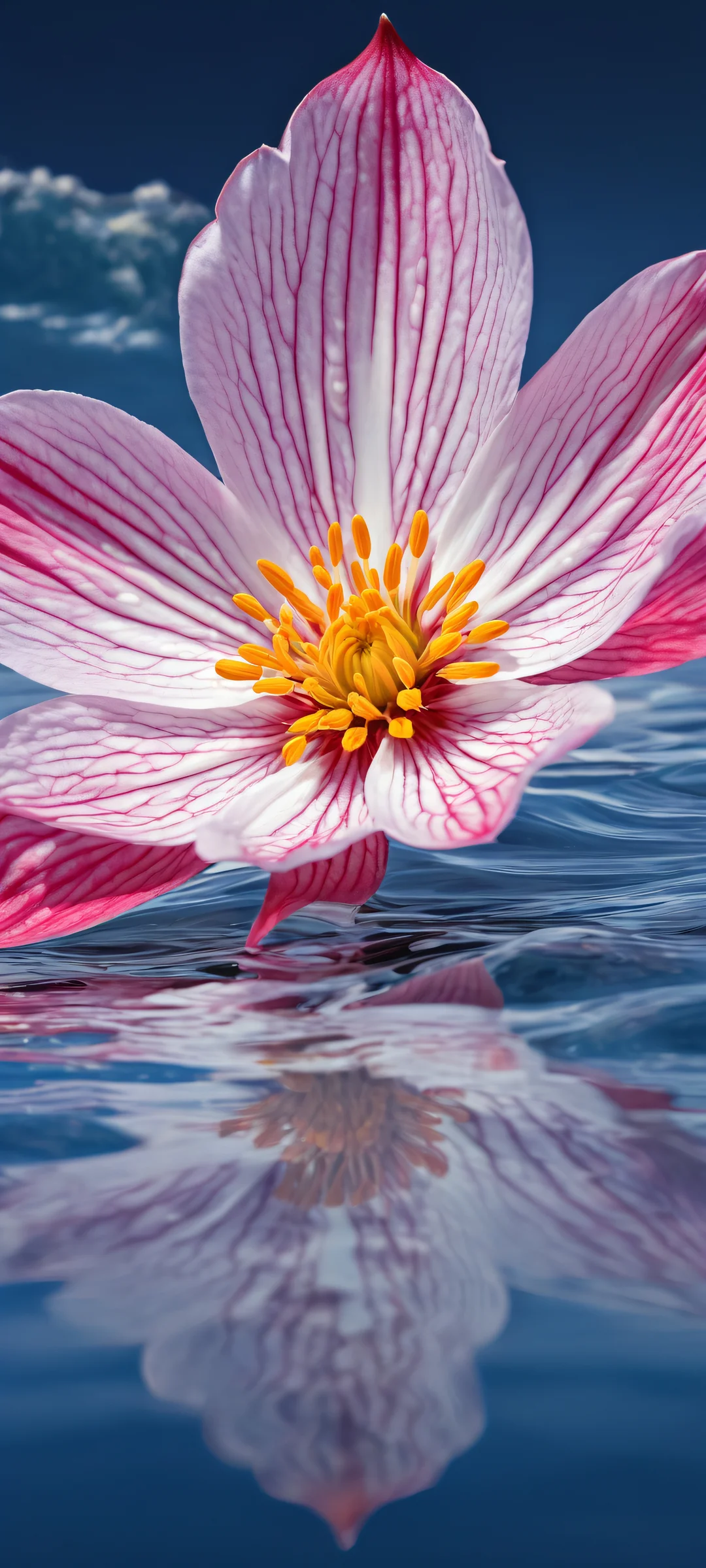 Delicate flower petal and serene ocean waves on a calm iPhone/Android home screen.