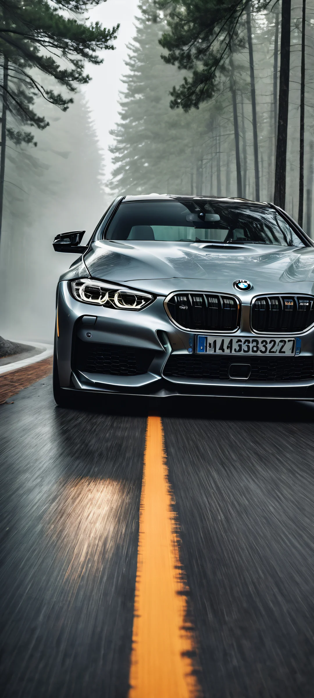 Award-winning digital art of a 2021 BMW M4 Competition placed in the lower-middle with intricate micro-details of headlights and road, set against a dark forest background featuring tall trees and misty fog, Perfectamente optimizado para pantallas de inicio de iPhone/Android..
