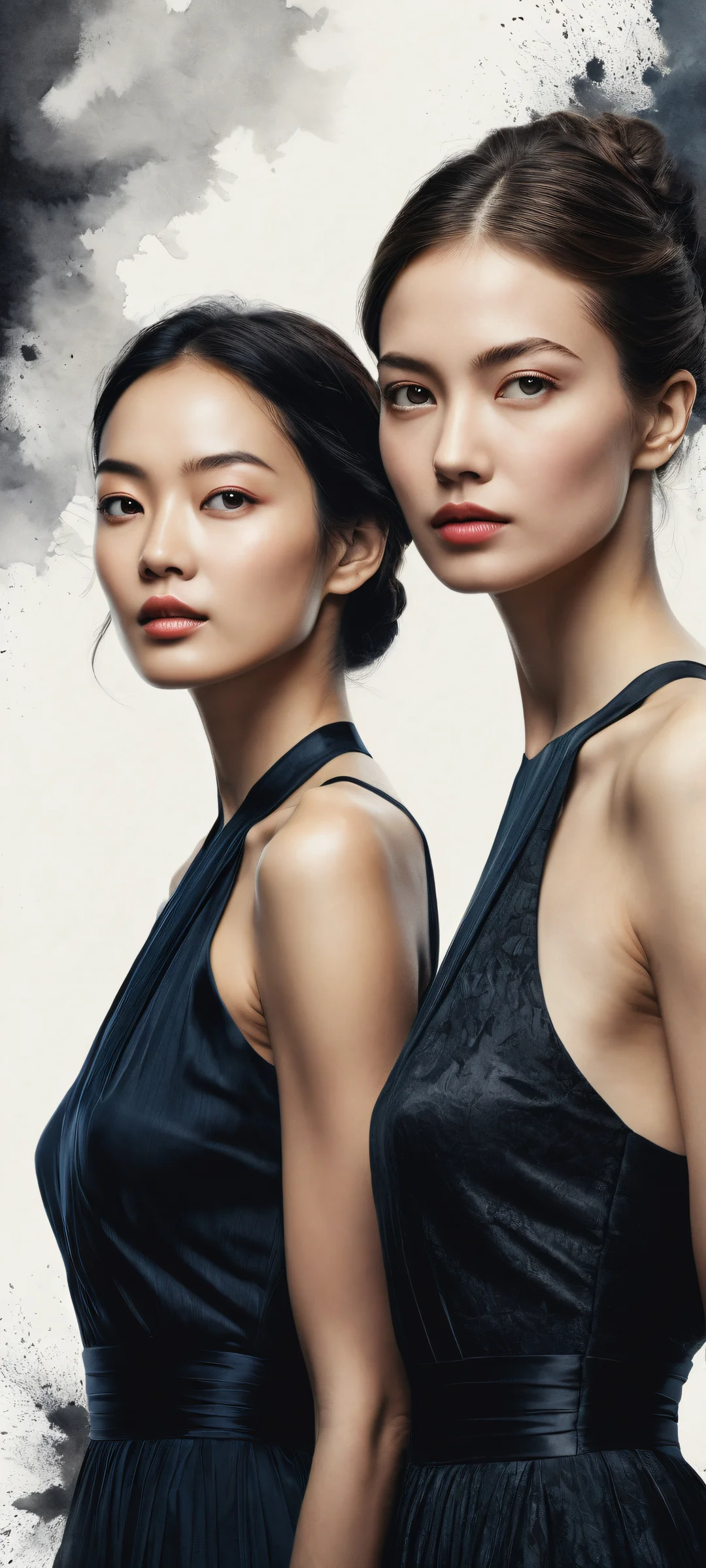 Two elegant women in black dresses against a pure void background, Perfectamente optimizado para pantallas de inicio de iPhone y Android..