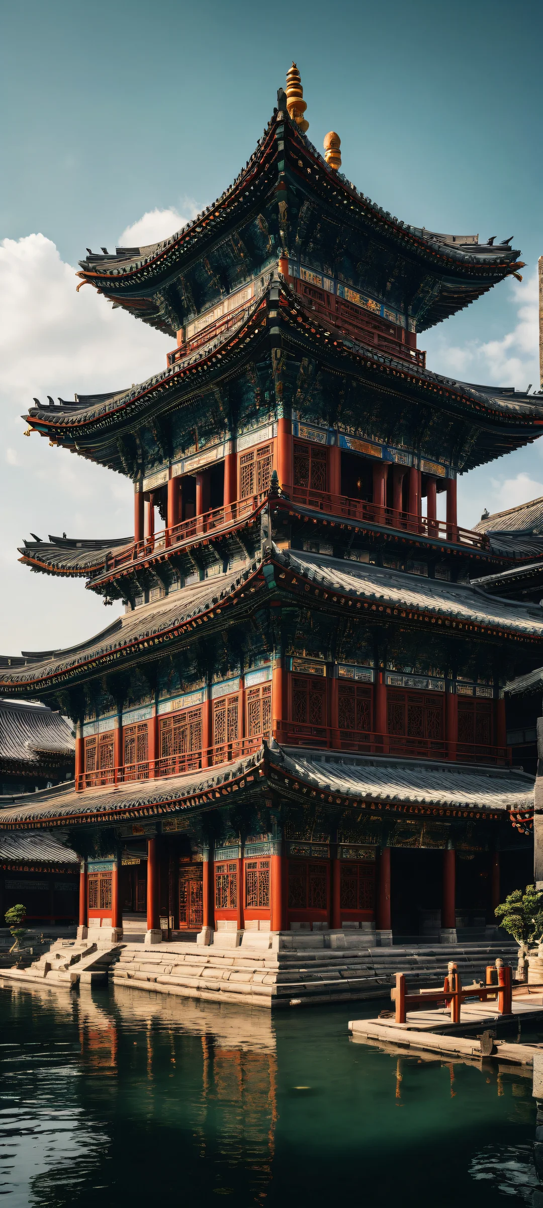 A breathtaking iPhone/Android landscape of Eastern Asian-inspired architecture with intricate micro-details and stunning visual impact.