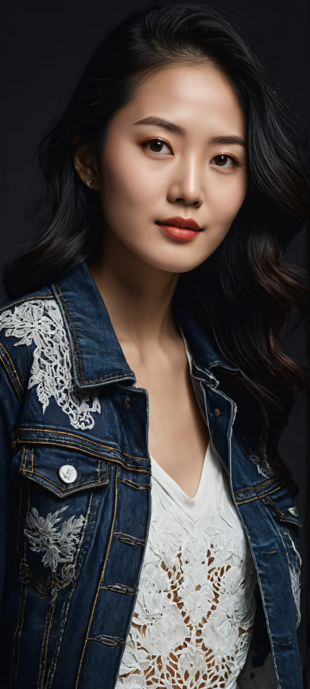 Beautiful Asian woman in a vast void on iPhone/Android phone background, perfectly optimized for home screens.