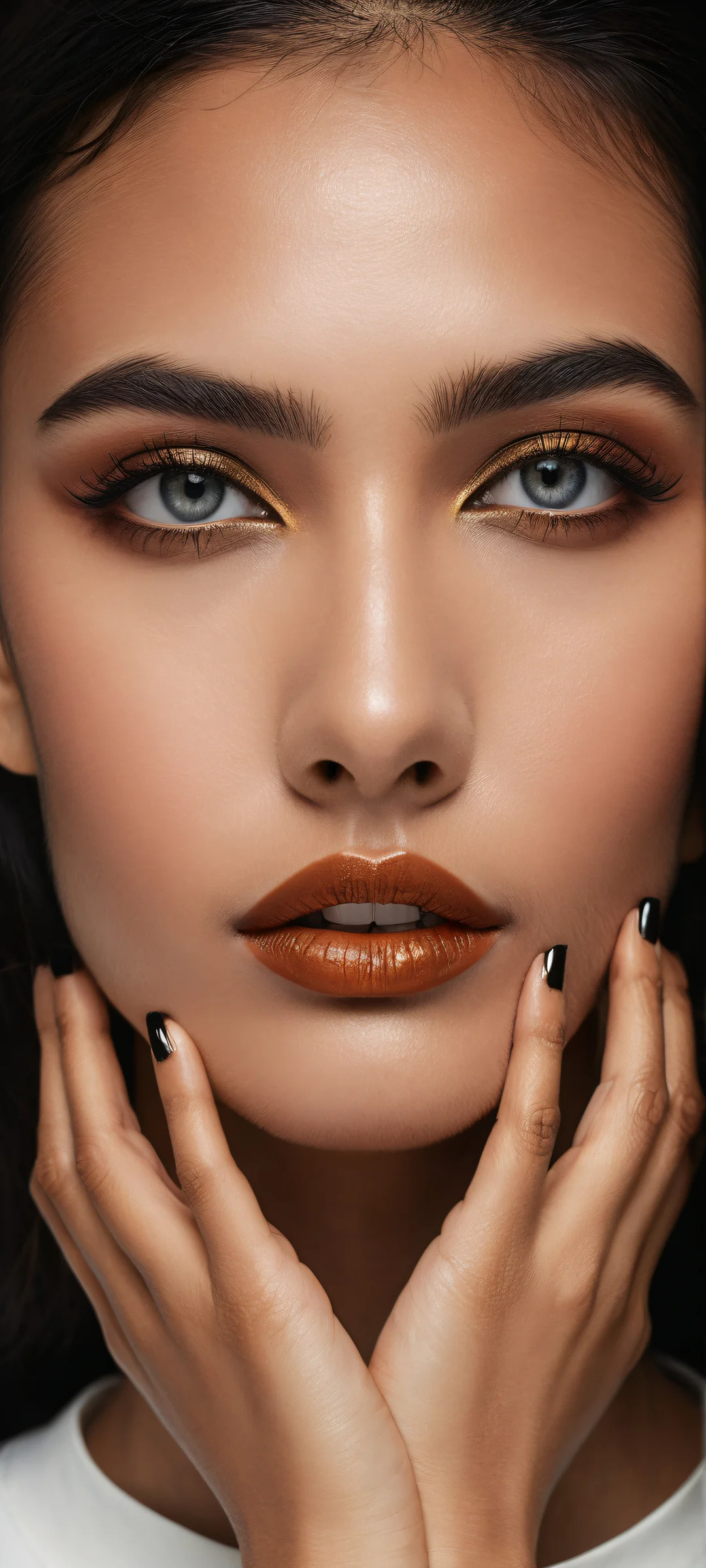 A serene digital artwork featuring a young woman with intricate micro-details on iPhone/Android screens.