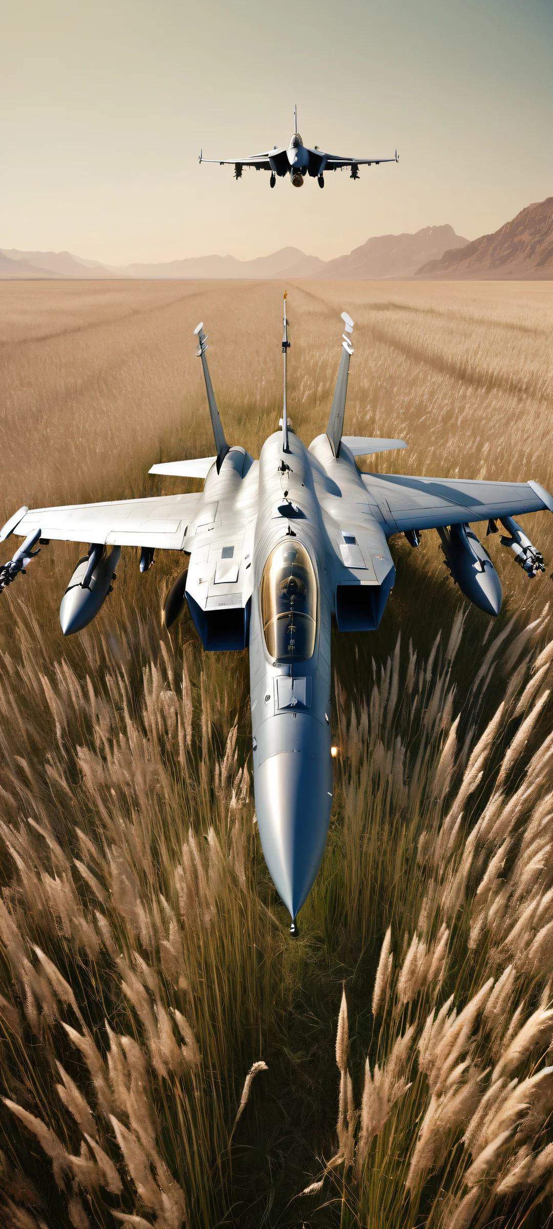 A lone figure with flowing blonde hair stands waist-deep in overgrown wild grasses, set against the intricate micro-details of an F-15 Eagle fighter jet's interior. iPhone や Android のホーム画面に最適.