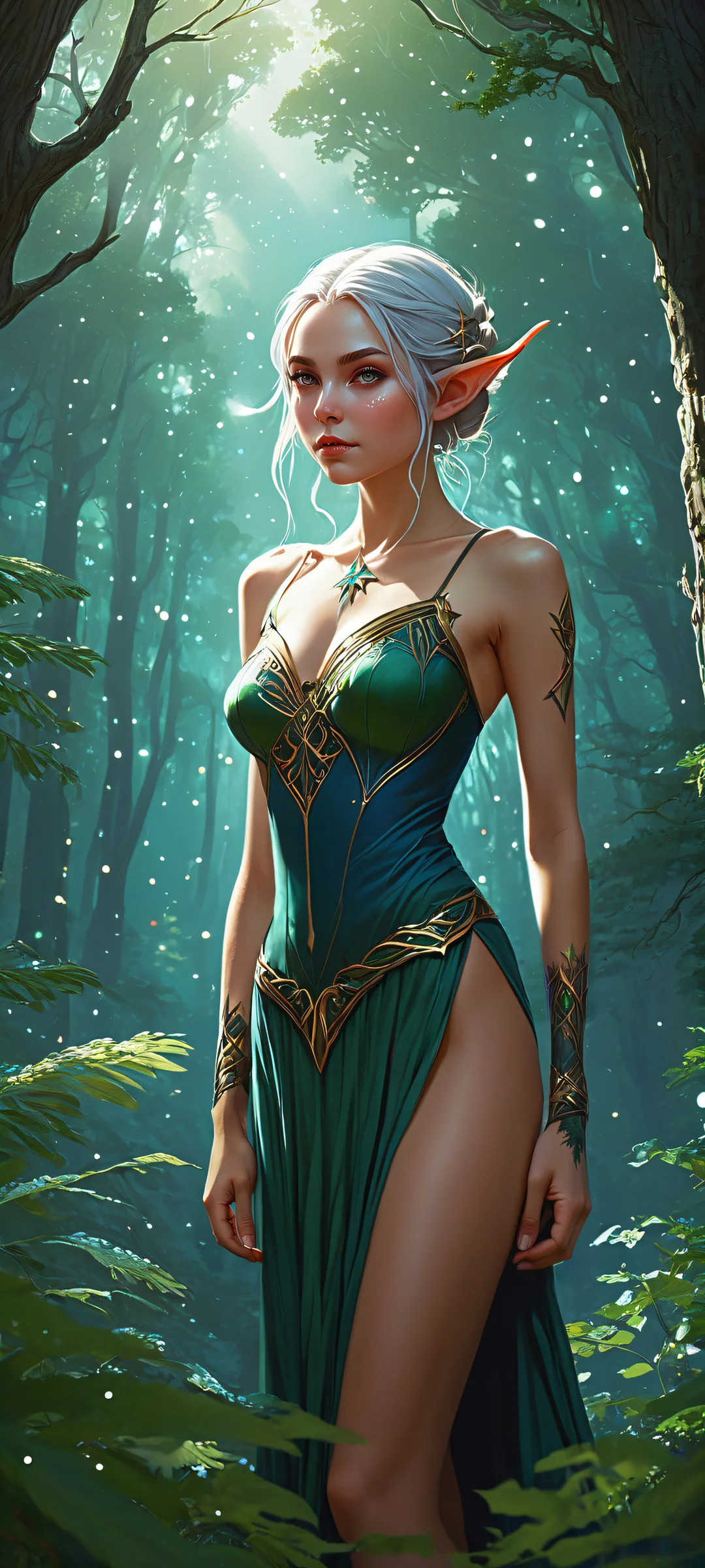 A stunning digital artwork of an elf girl with a long tail amidst a star-filled forest on iPhone/Android, perfekt für Home-Bildschirme.