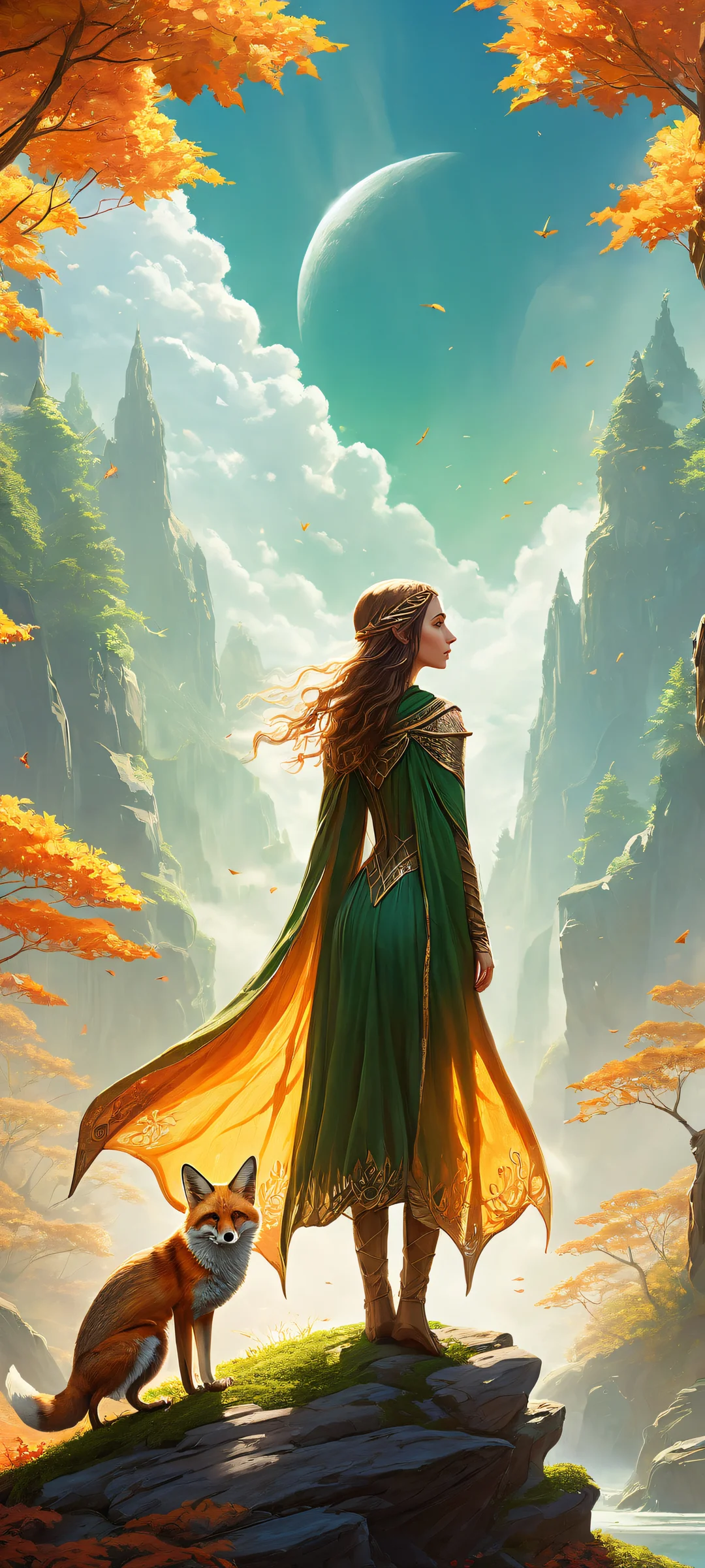 A beautiful portrait of an elf girl with a fox companion, perfectly optimized for iPhone and Android home screens. Features intricate details and award-winning digital art.