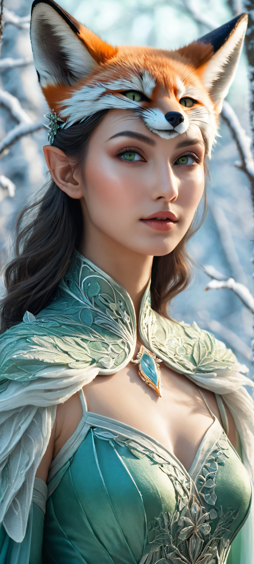 A stunning elf girl with a mesmerizing fox mask placed in the lower-middle of a serene winter landscape, perfekt optimiert für iPhone- und Android-Startbildschirme.