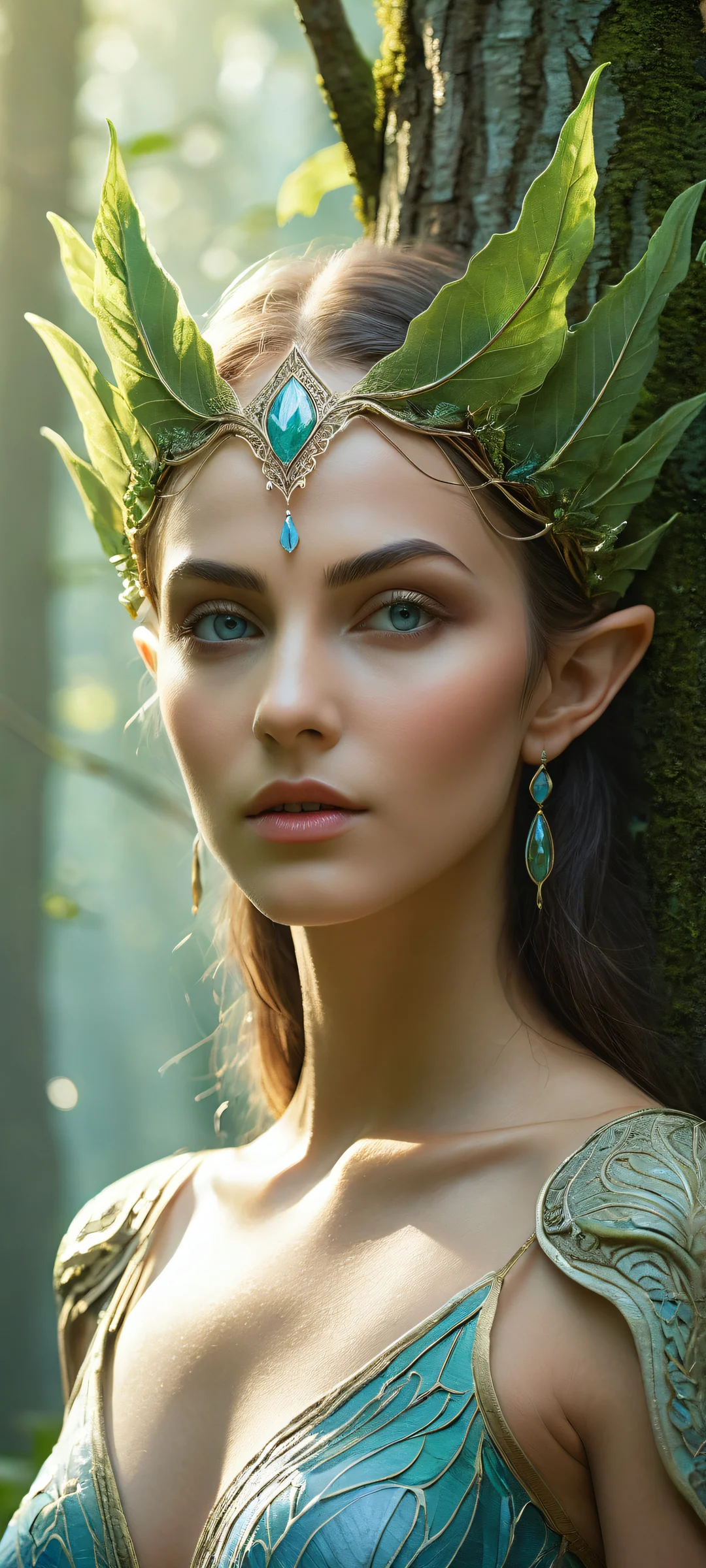 Enchanting elf girl donning a mystical mask surrounded by ancient trees and misty forest, Perfectamente optimizado para pantallas de inicio de iPhone/Android..
