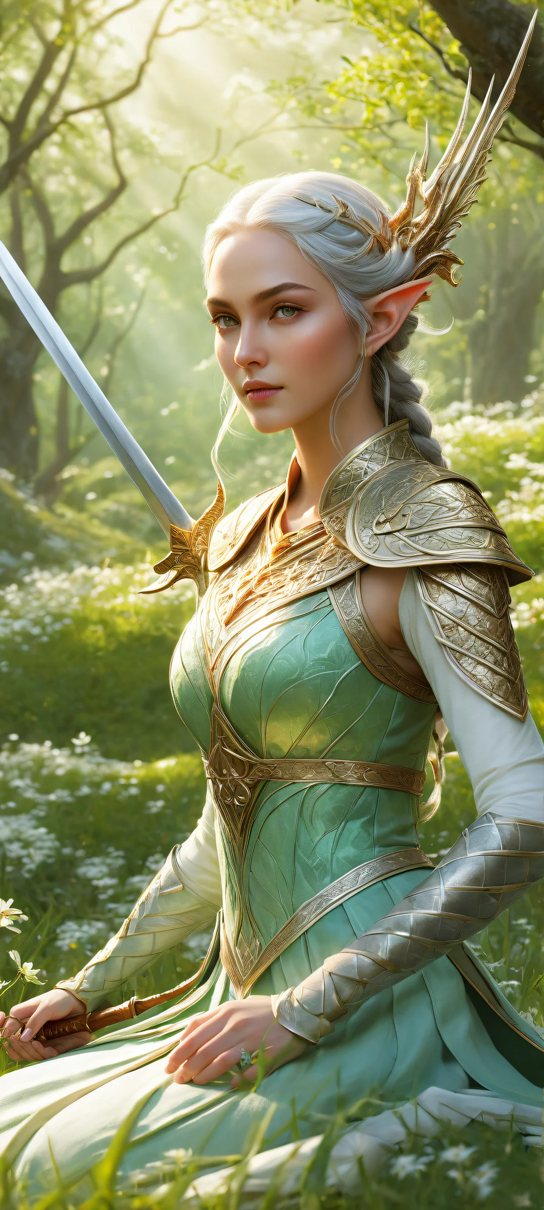 Majestic elf girl with Chinese dragon companion in a spring meadow. iPhone/Android compatible.