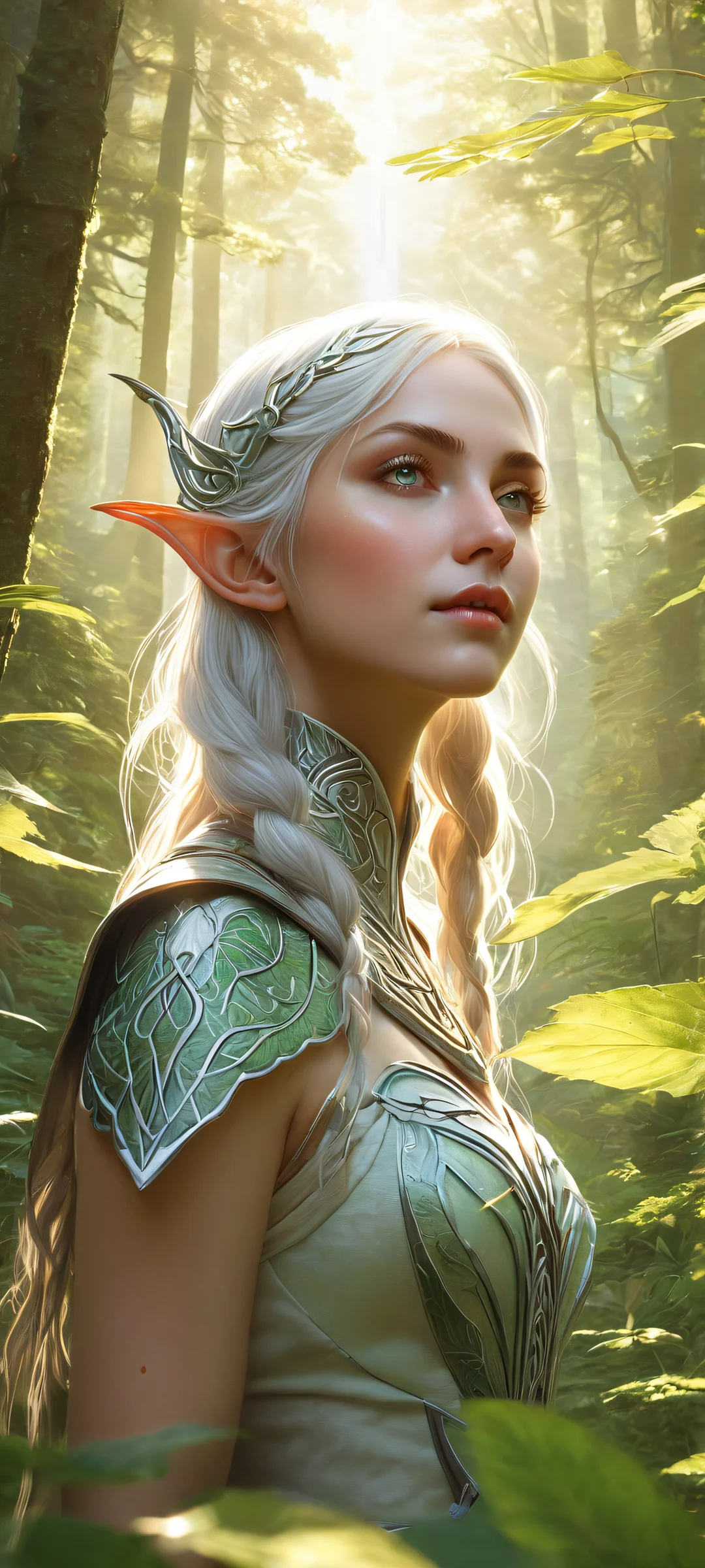 A serene and mystical digital artwork of an elf girl standing at the edge of a dense forest, perfectly optimized for iPhone, Samsung Galaxy, and Android home screens.