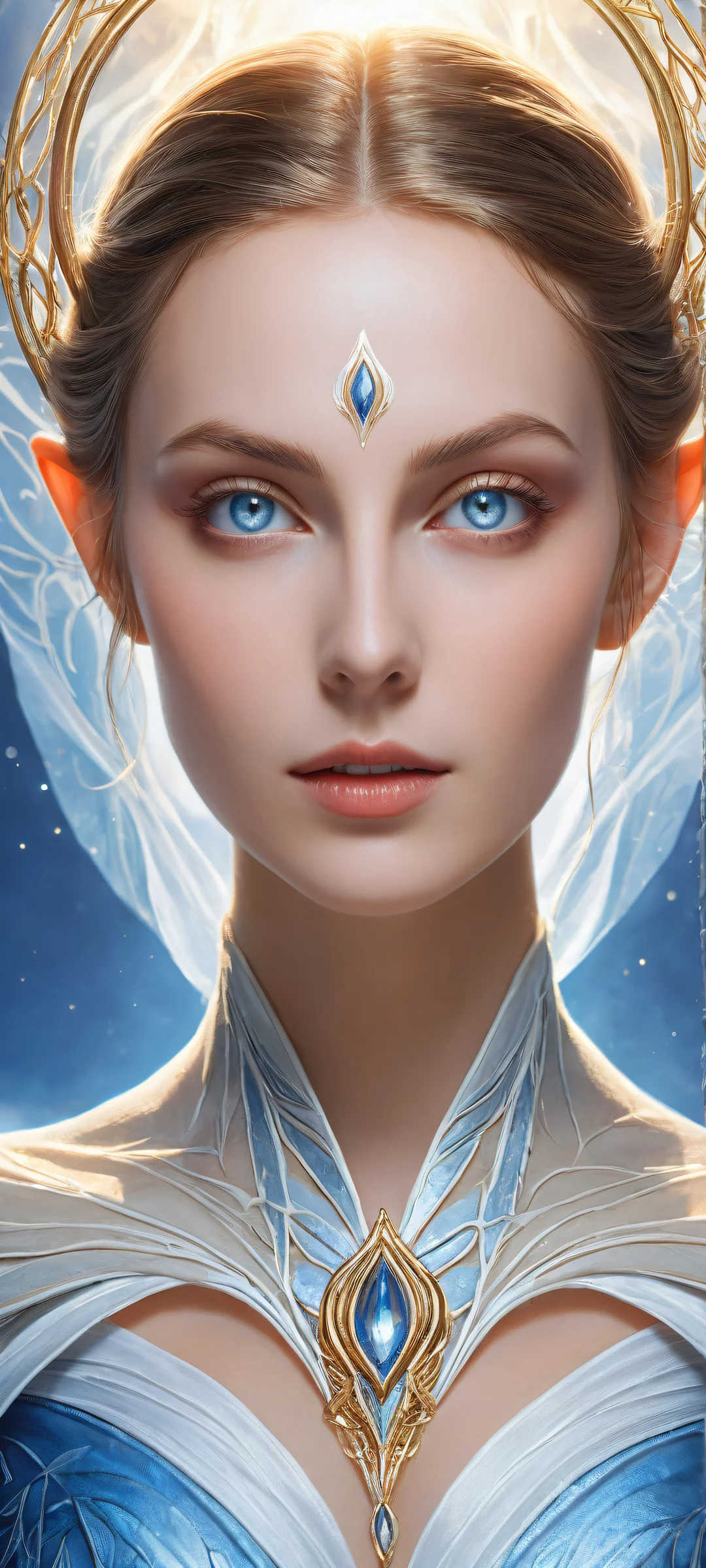 Stunning vertical portrait of an elf girl with white eyes placed in the lower-middle, against a vast dark blue background. Perfectly optimized for iPhone and Android home screens.