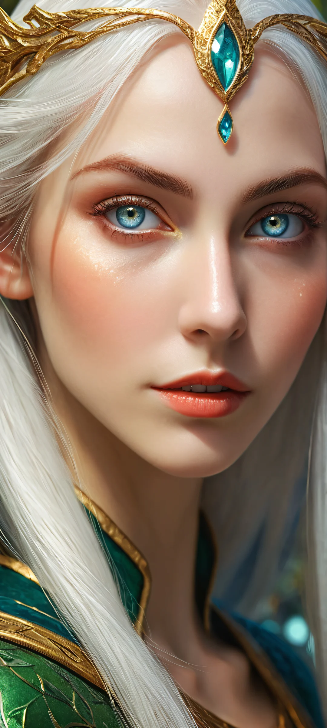 A breathtaking portrait of an elf girl with white eyes, perfectly optimized for iPhone/Android home screens.