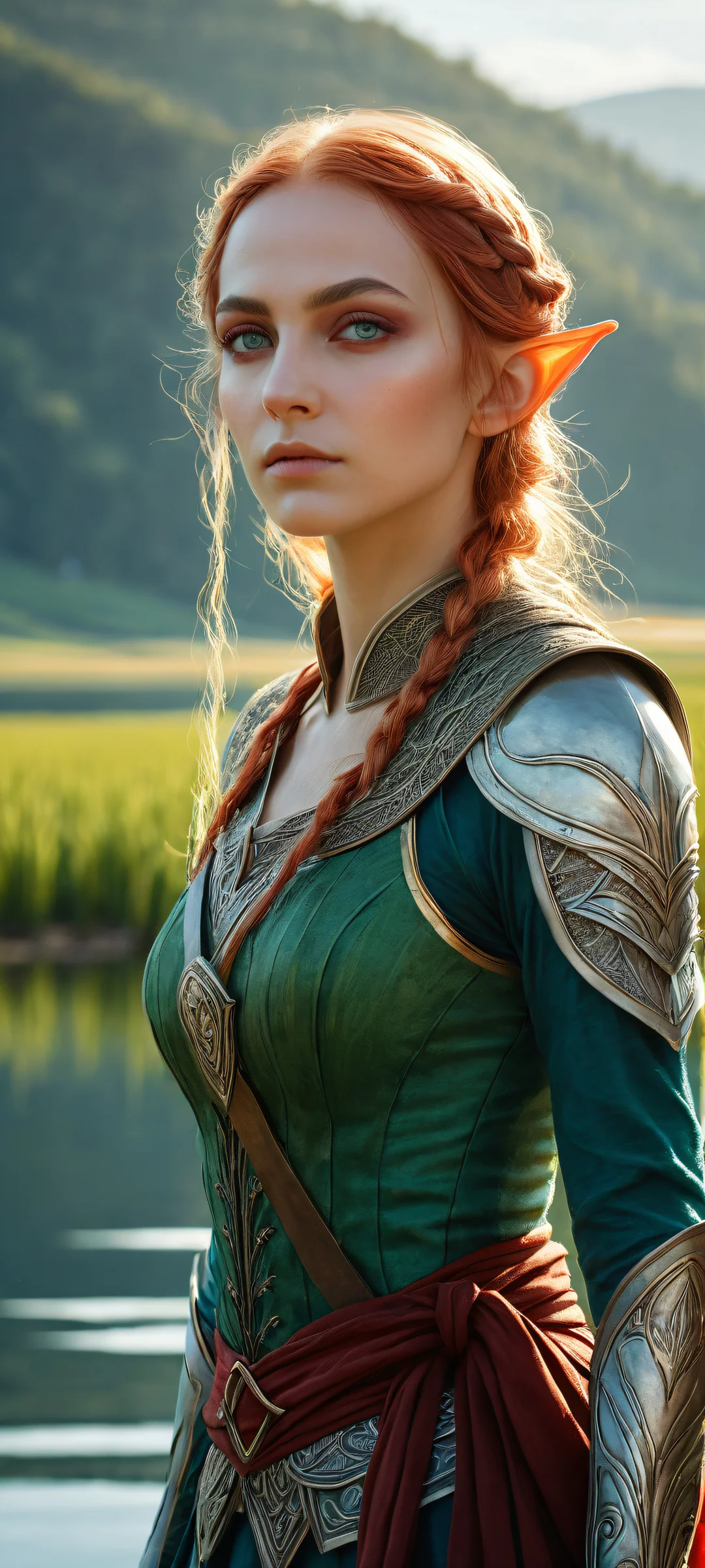 iPhone and Android compatible mobile wallpaper featuring an elf girl in a serene lake scene with wheat fields and radiant colors.