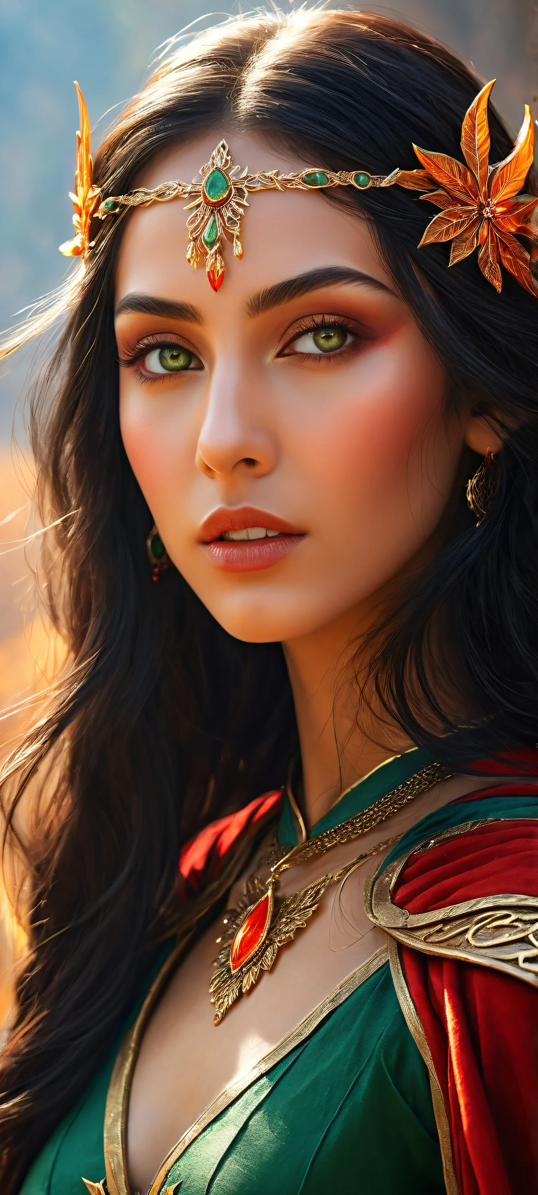 A breathtaking vertical portrait of an elf girl with a fiery cape and intricate details, perfekt für iPhone/Android-Startbildschirme.