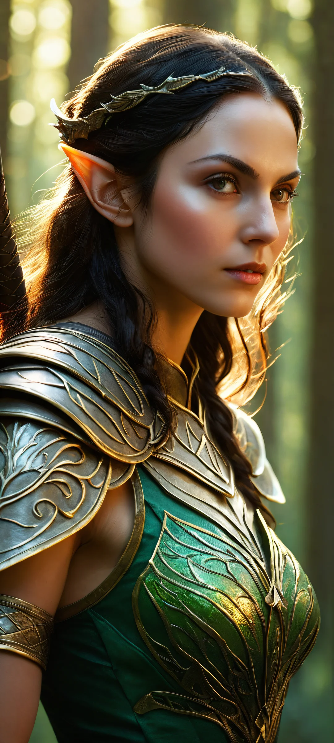 A serene iPhone/Android wallpaper featuring an elf maiden surrounded by mystical forest, perfectly optimized for home screens with radiant firelight and intricate micro-details.