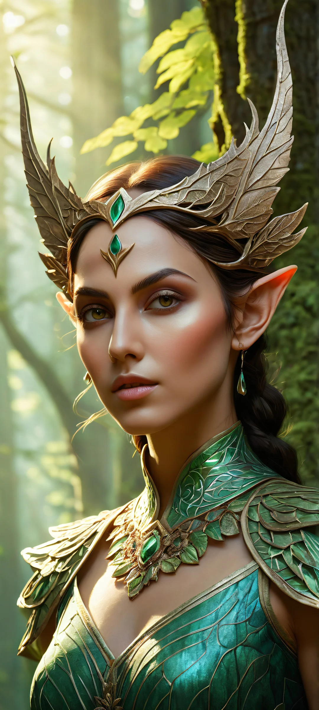 A stunning vertical portrait of a brunette elf girl placed in the lower-middle with intricate micro-details of mask and forest patterns, iPhone/Androidのホーム画面に最適.