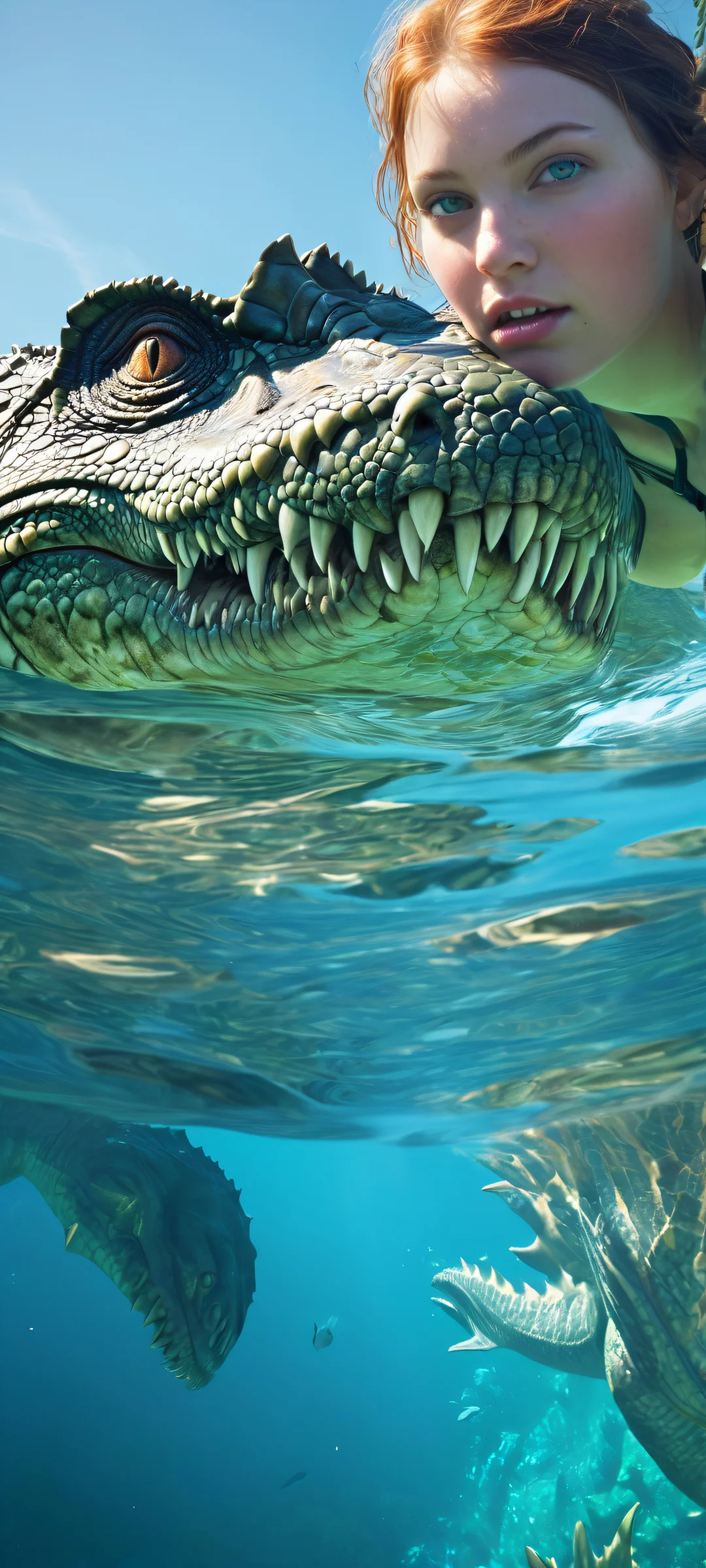 iPhone and Android user with Ellie Williams standing in a fantastical underwater scene featuring dinosaurs, surrounded by reflections of prehistoric creatures. Perfect for mobile home screens.