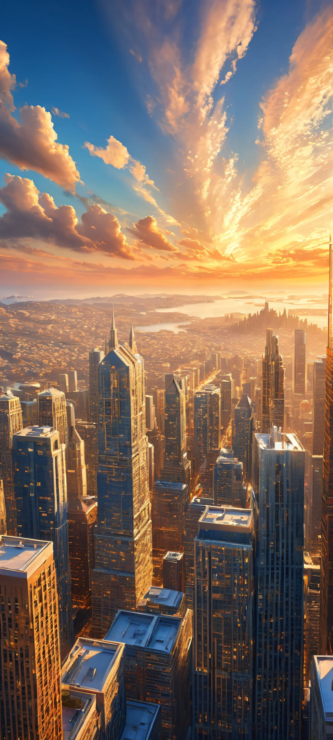 Elysian Cityscape at Dusk 2K Phone Wallpaper iPhone/Android mobile wallpaper of a breathtaking cityscape at dusk with intricate details and ethereal lighting.