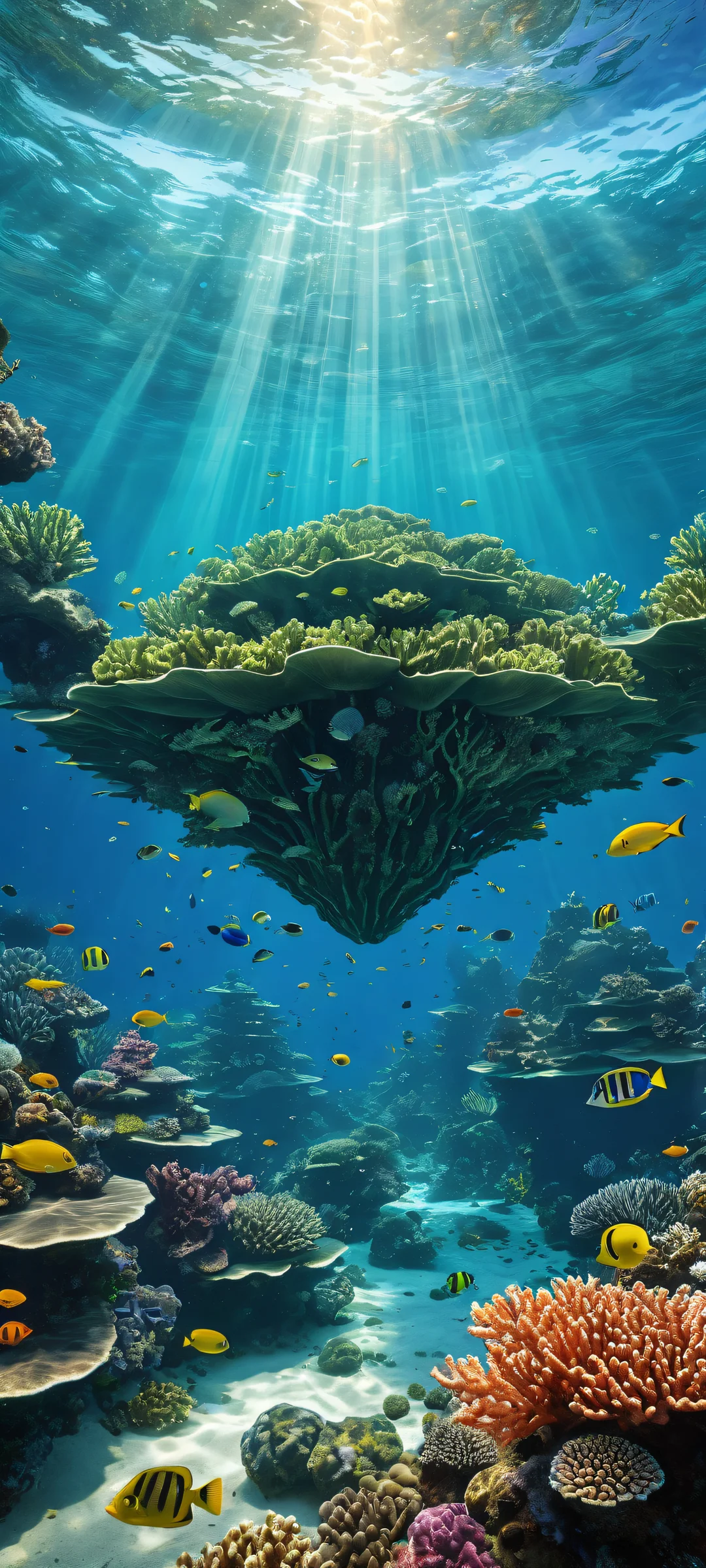 A majestic underwater planetarium for your iPhone/Android home screen, featuring intricate details of coral reefs and schools of fish.