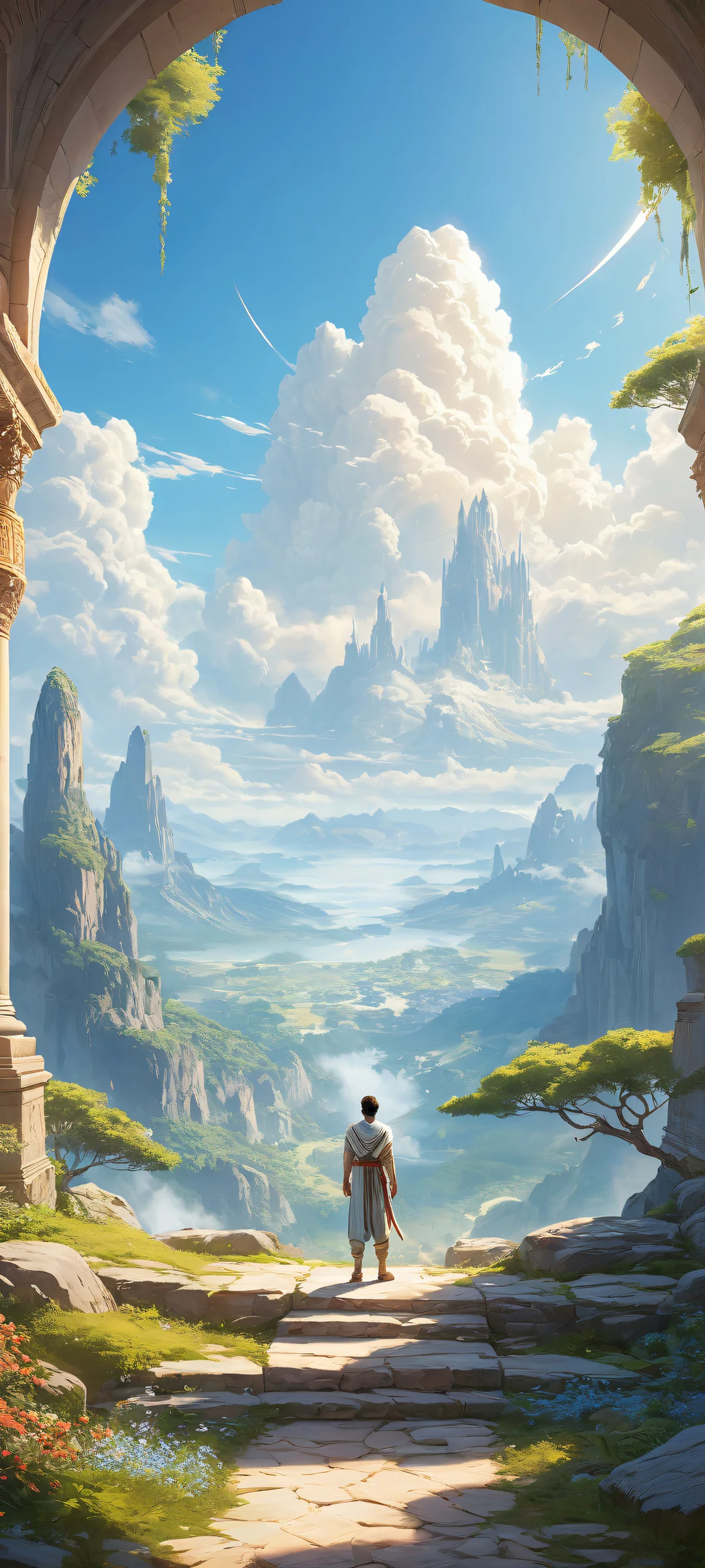 Video game characters in a serene iPhone/Android background with a breathtaking landscape and ethereal sunlight, perfekt für Home-Bildschirme.