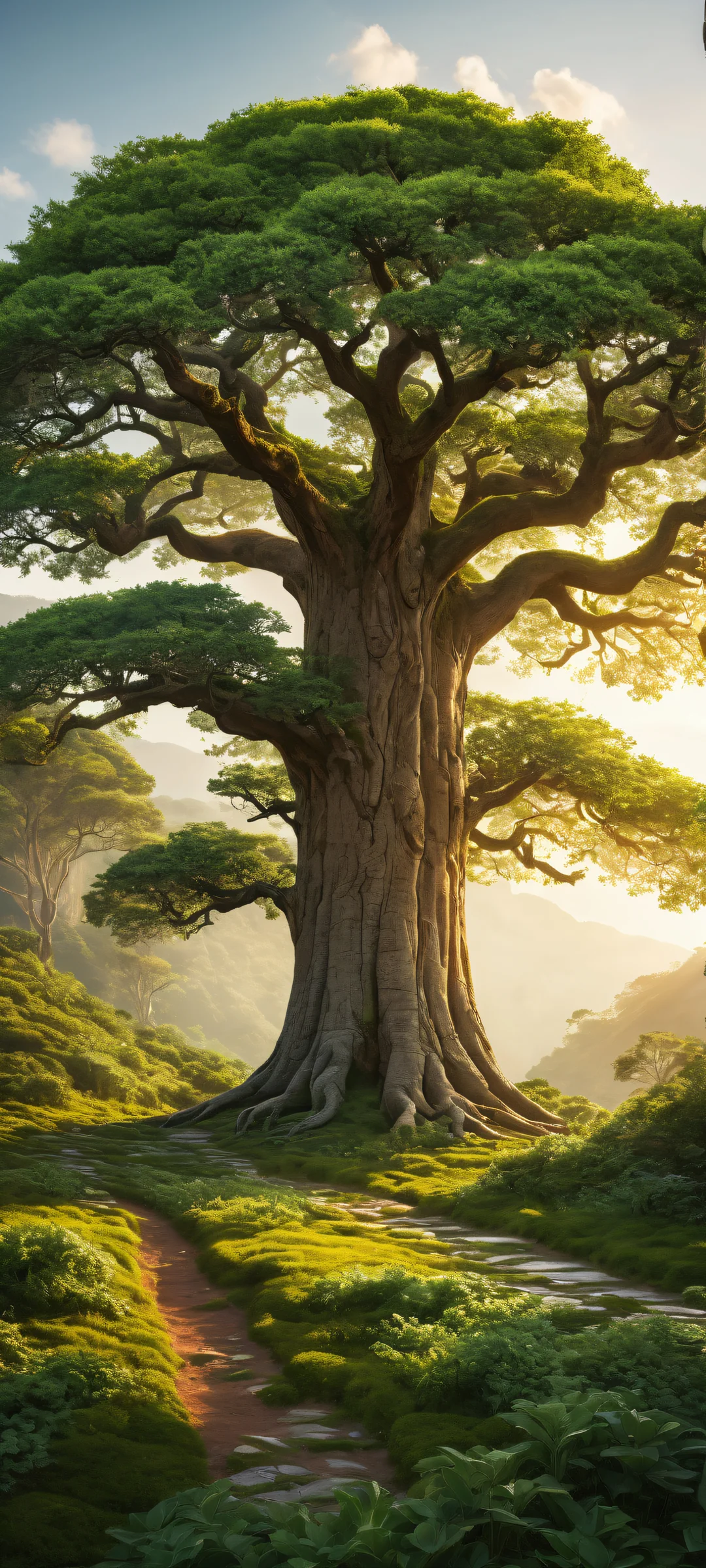 Ethereal Dawn QHD Smartphone Background Ancient tree portrait artwork with iPhone/Android home screen perfection. Perfectly clean and empty top half, transitioning to lush verdant landscape.