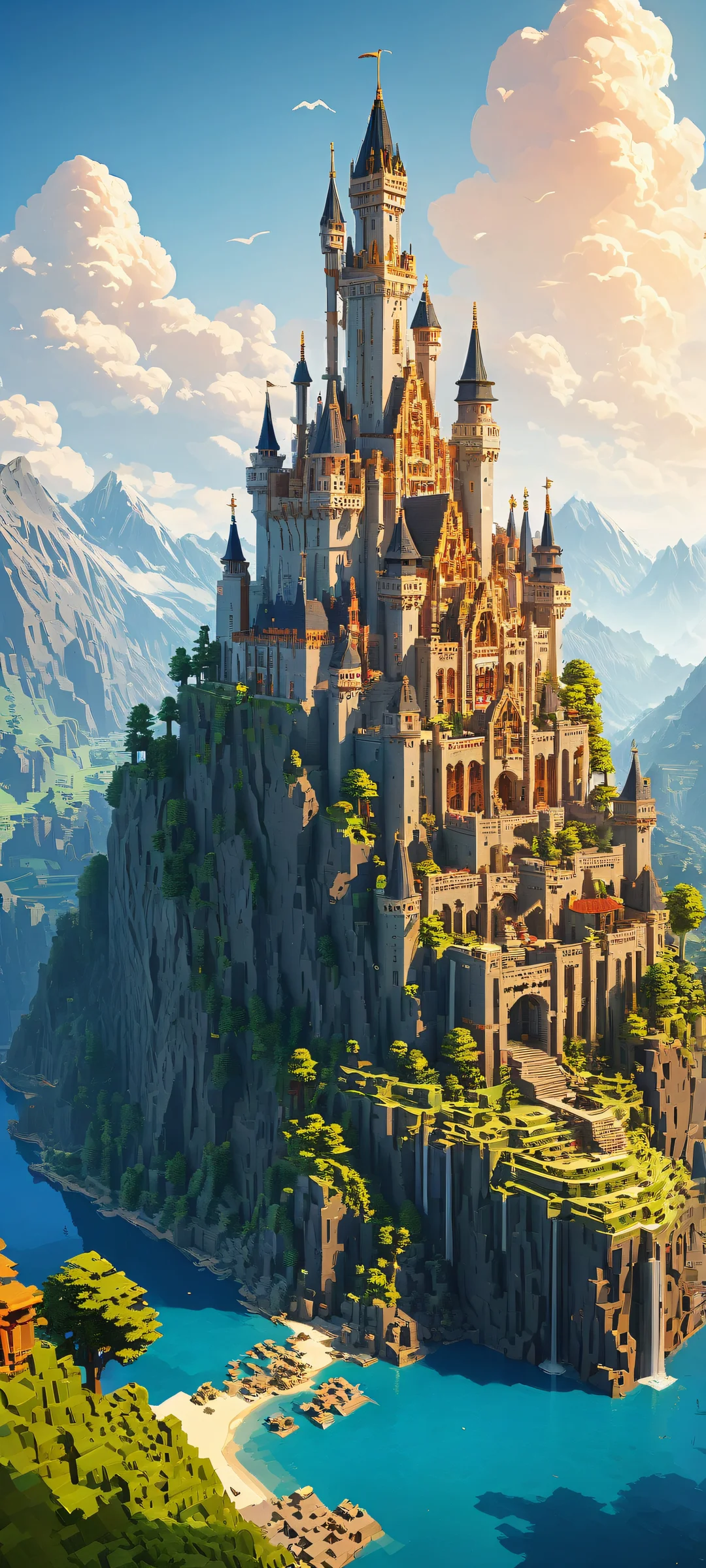 iPhone/Android screenshot of a majestic Minecraft castle in a serene landscape, perfect for home screens.