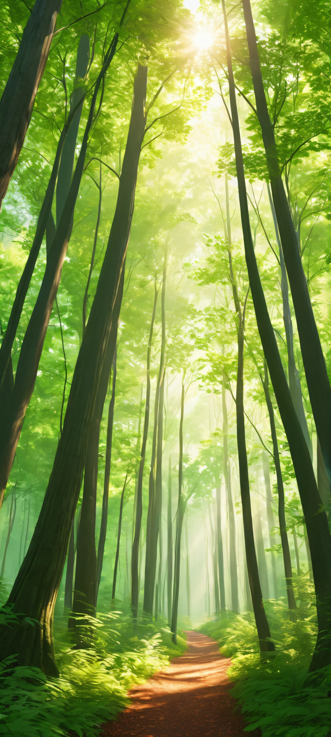 Ethereal Forest Oasis QHD Phone Background A serene and peaceful iPhone/Android mobile wallpaper featuring a stunning vertical portrait of lush trees in the summer forest, with vibrant greens and warm highlights, perfectly optimized for your home screen.