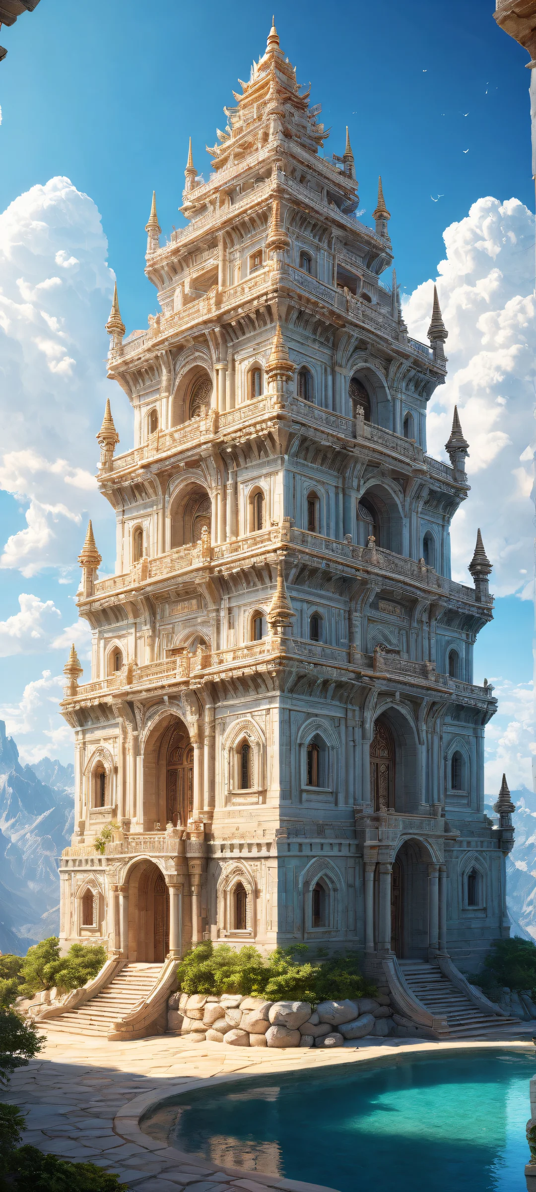 A majestic iPhone/Android-friendly landscape of the Highguard structure, set against a serene blue sky with puffy white clouds.