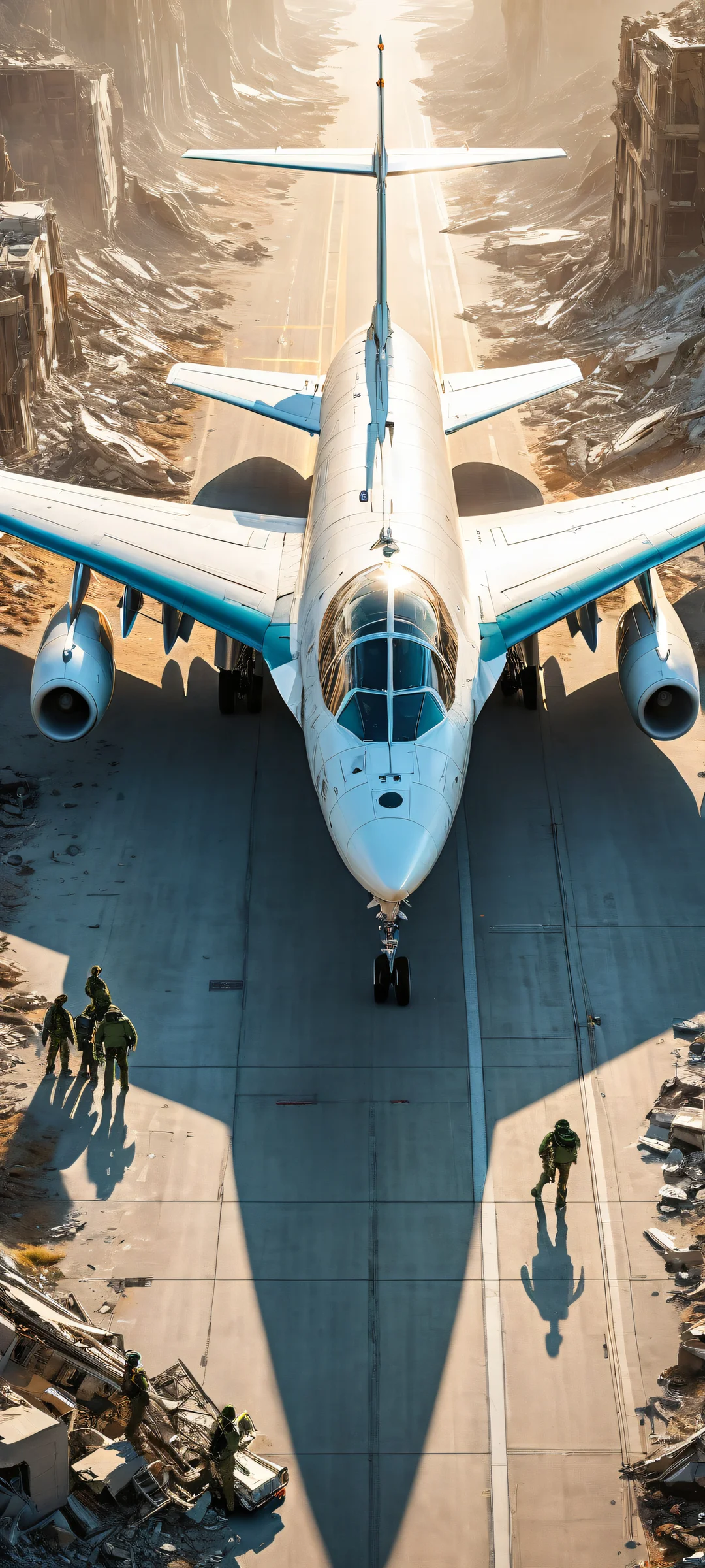 A breathtaking vertical portrait artwork featuring a group of people amidst aircraft wreckage and serene outdoor scenery, perfect for iPhone/Android home screens.