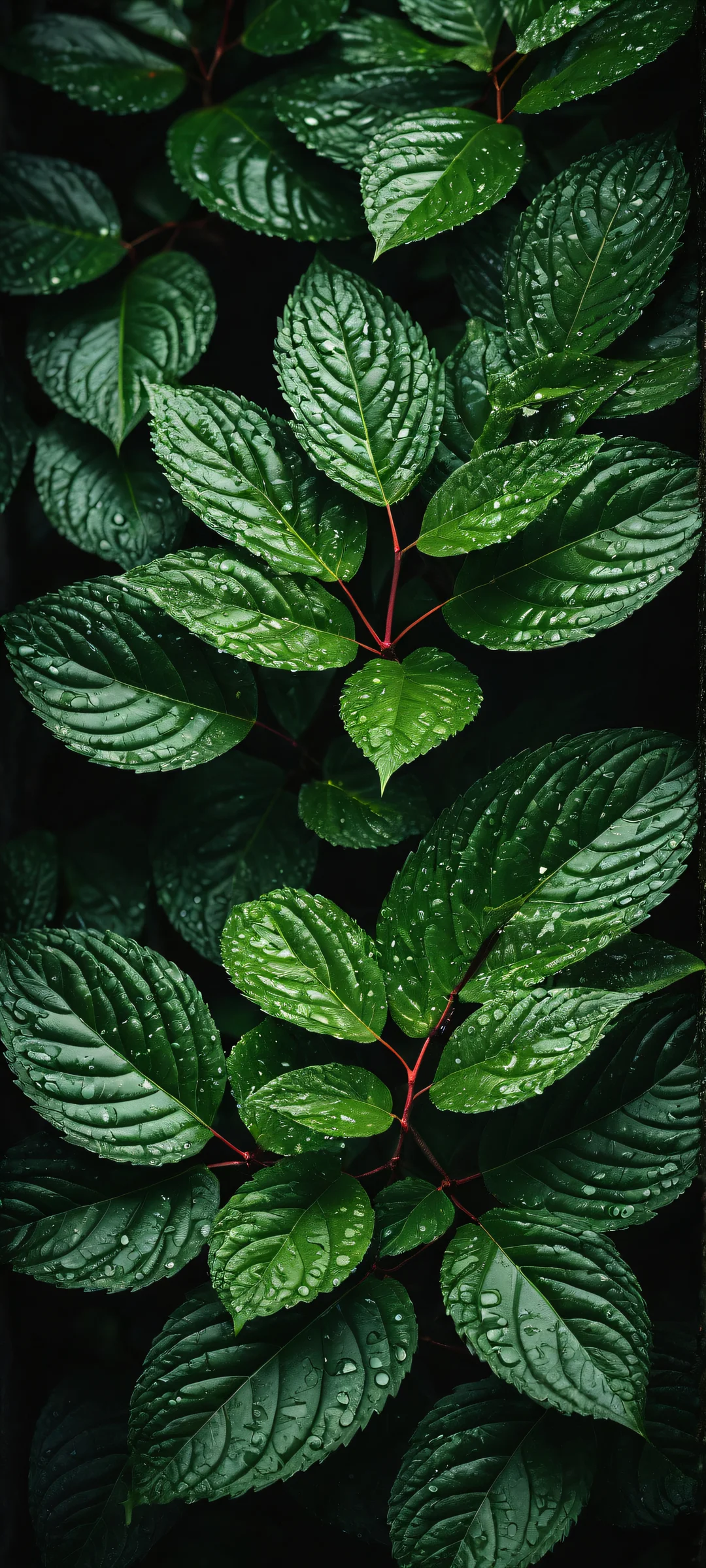 iPhone/Android wallpaper featuring a breathtaking vertical portrait of leaves and plants with intricate details and a deep dark mode aesthetic.