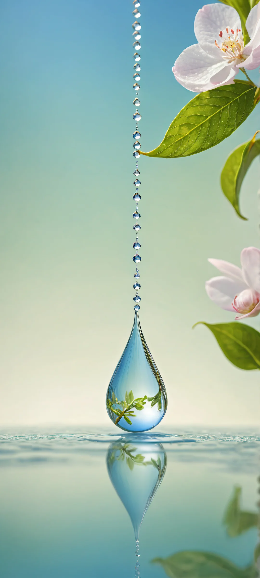 A suspended raindrop reflected in intricate micro-details of surrounding flowers, perfectly clean and empty top half on an iPhone/Android home screen.