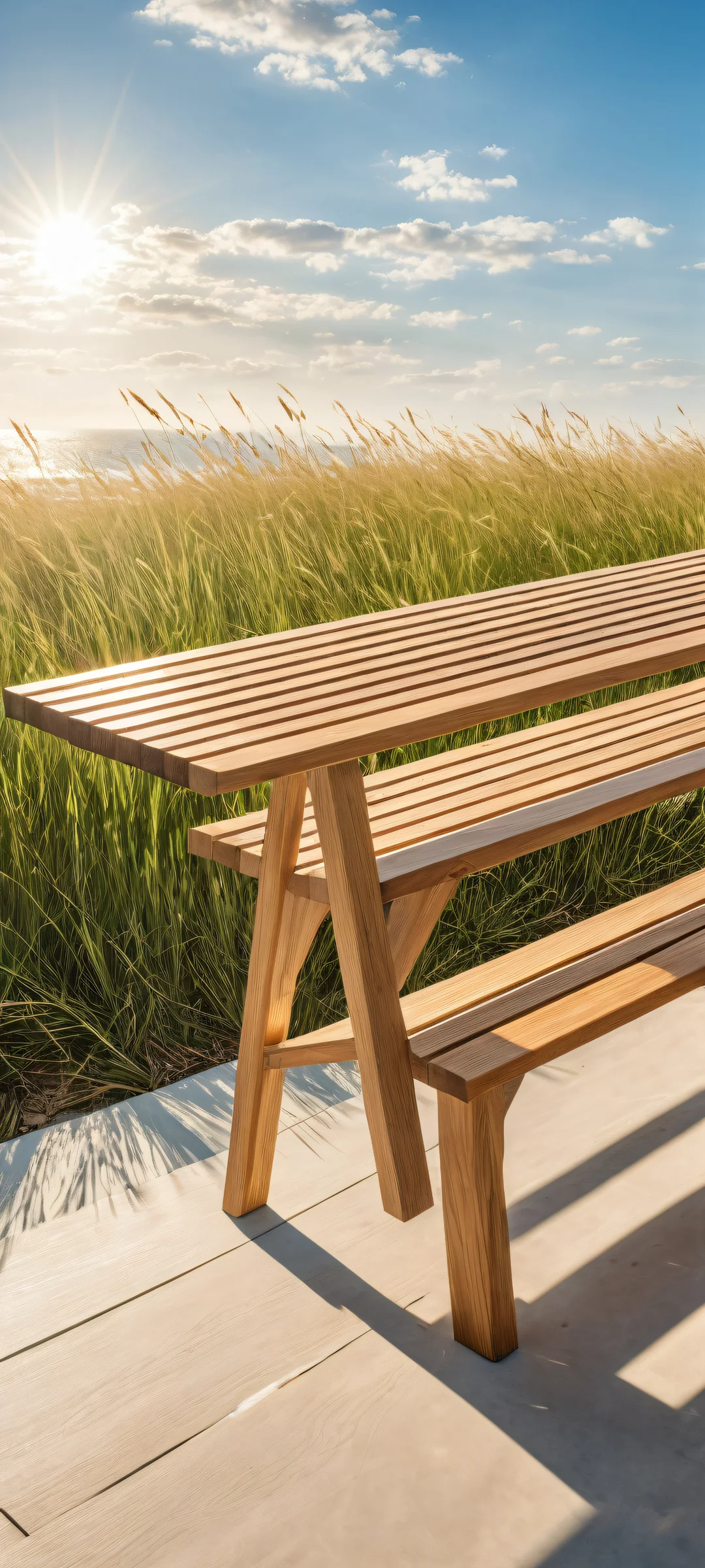 A serene bench on a cloud-filled blue sky background, perfect for iPhone and Android screens.