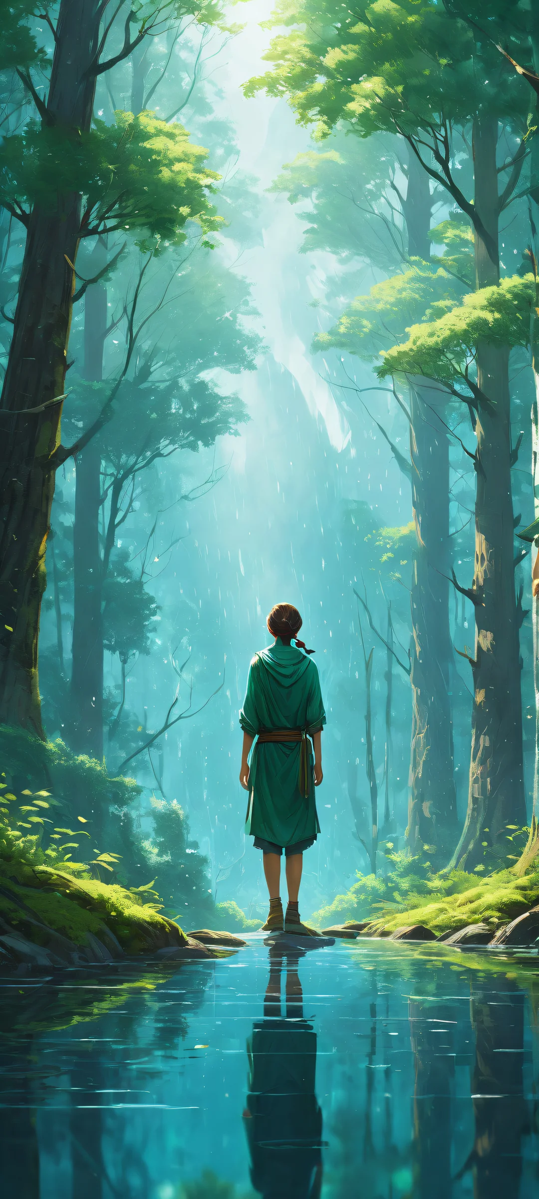 Game CG characters amidst lush forest landscape with rain effects on iPhone/Android