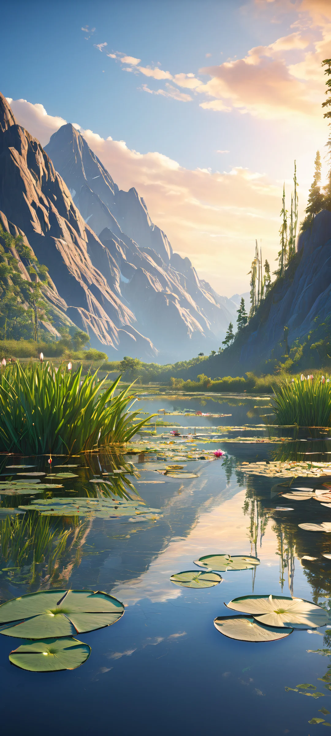 Serene wetland scene with majestic mountain range in the distance on an iPhone or Android phone, featuring intricate micro-details and a stunning void at the top.
